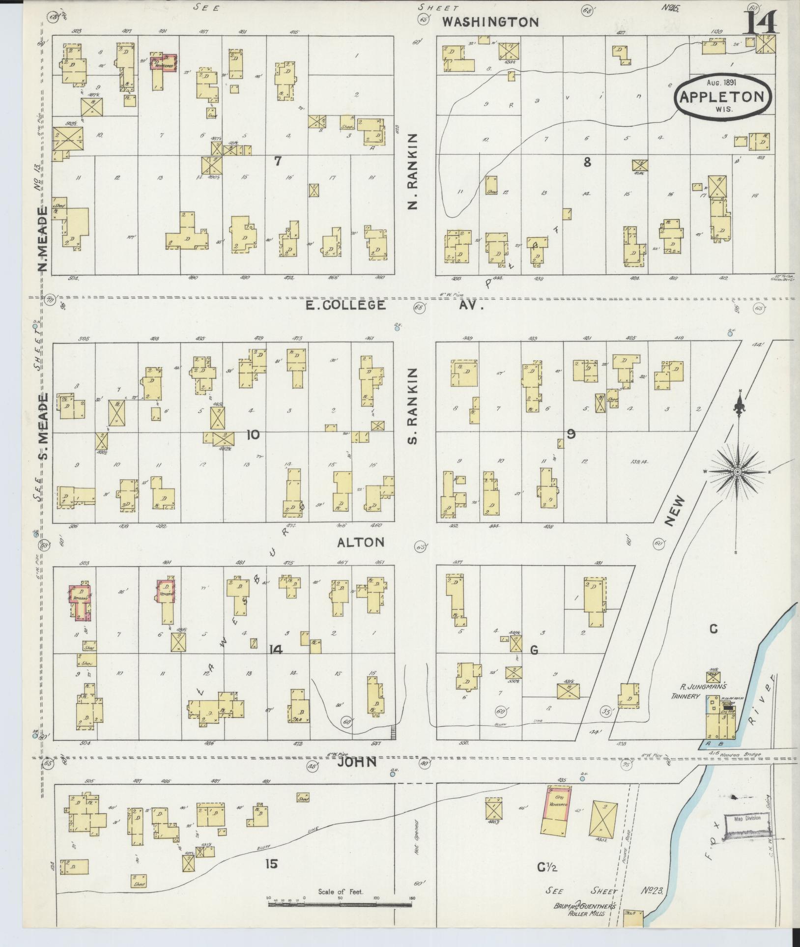 Sanborn Fire Insurance Map from Appleton, Outagamie County, Wisconsin (1891), Sheet #0014 - Complete Map Set gallery image, historic Sanborn map, vintage wall art, Wisconsin Wisconsin