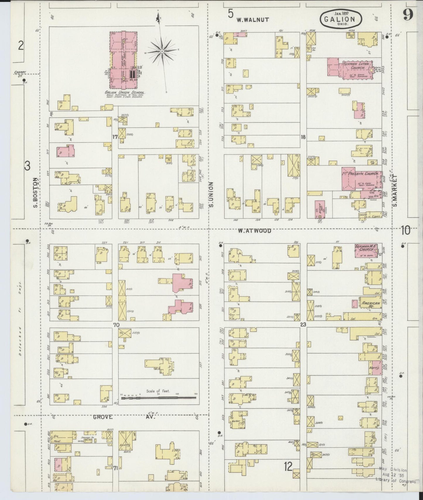 Sanborn Fire Insurance Map from Galion, Crawford County, Ohio (1897), Sheet #0009 - Complete Map Set gallery image, historic Sanborn map, vintage wall art, Ohio Ohio
