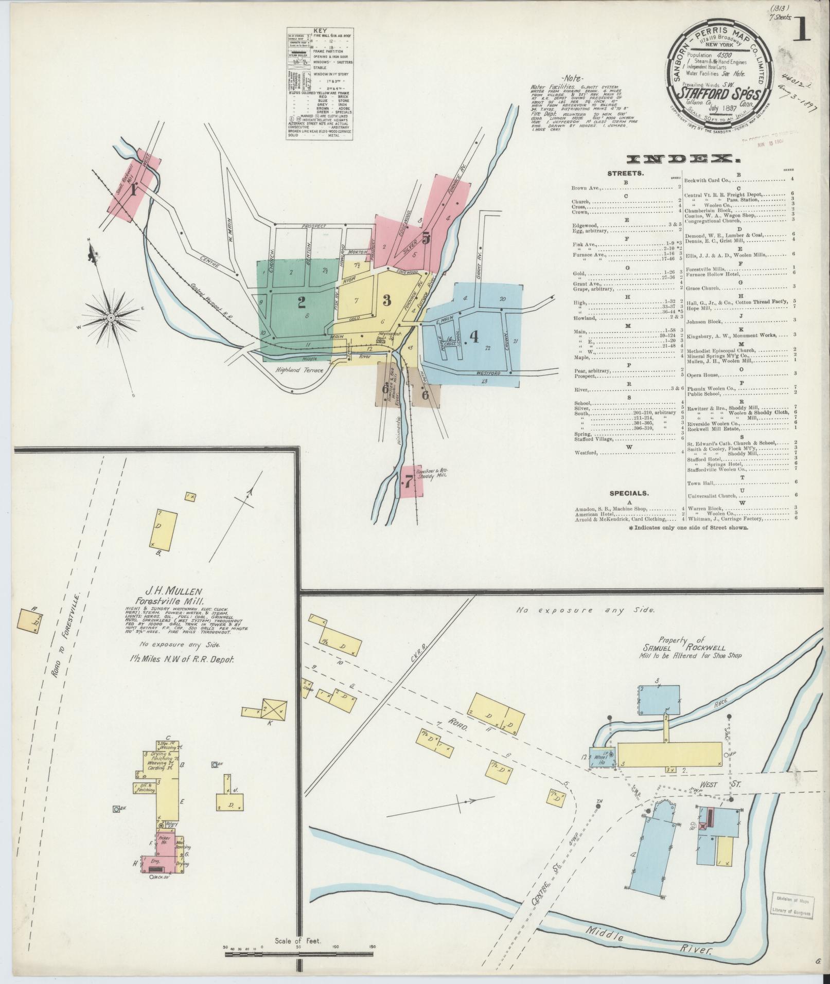 Sanborn Fire Insurance Map from Stafford Springs, Tolland County, Connecticut (1897), Sheet #0001 - Complete Map Set gallery image, historic Sanborn map, vintage wall art, Connecticut Connecticut
