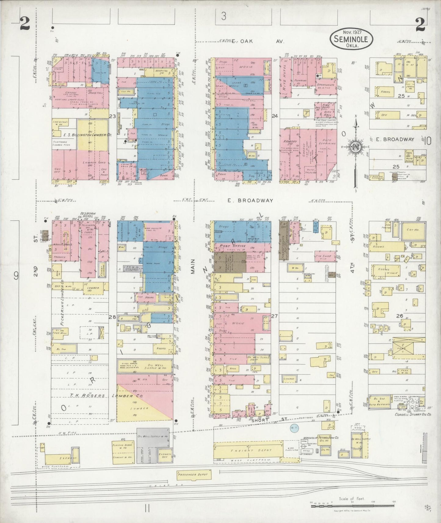 Sanborn Fire Insurance Map from Seminole, Seminole County, Oklahoma (1927), Sheet #0002 - Complete Map Set gallery image, historic Sanborn map, vintage wall art, Oklahoma Oklahoma