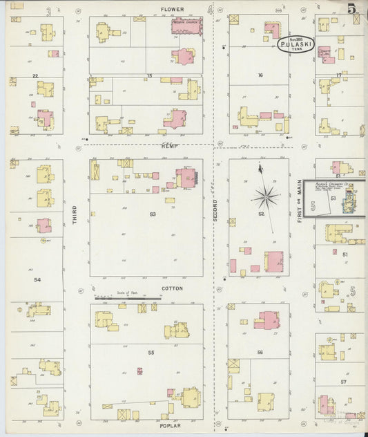 Sanborn Fire Insurance Map from Pulaski, Giles County, Tennessee (1895), Sheet #0005 - Historic Sanborn Fire Insurance Map Print, vintage old map wall art, antique decor, genealogy gift, Tennessee Tennessee map