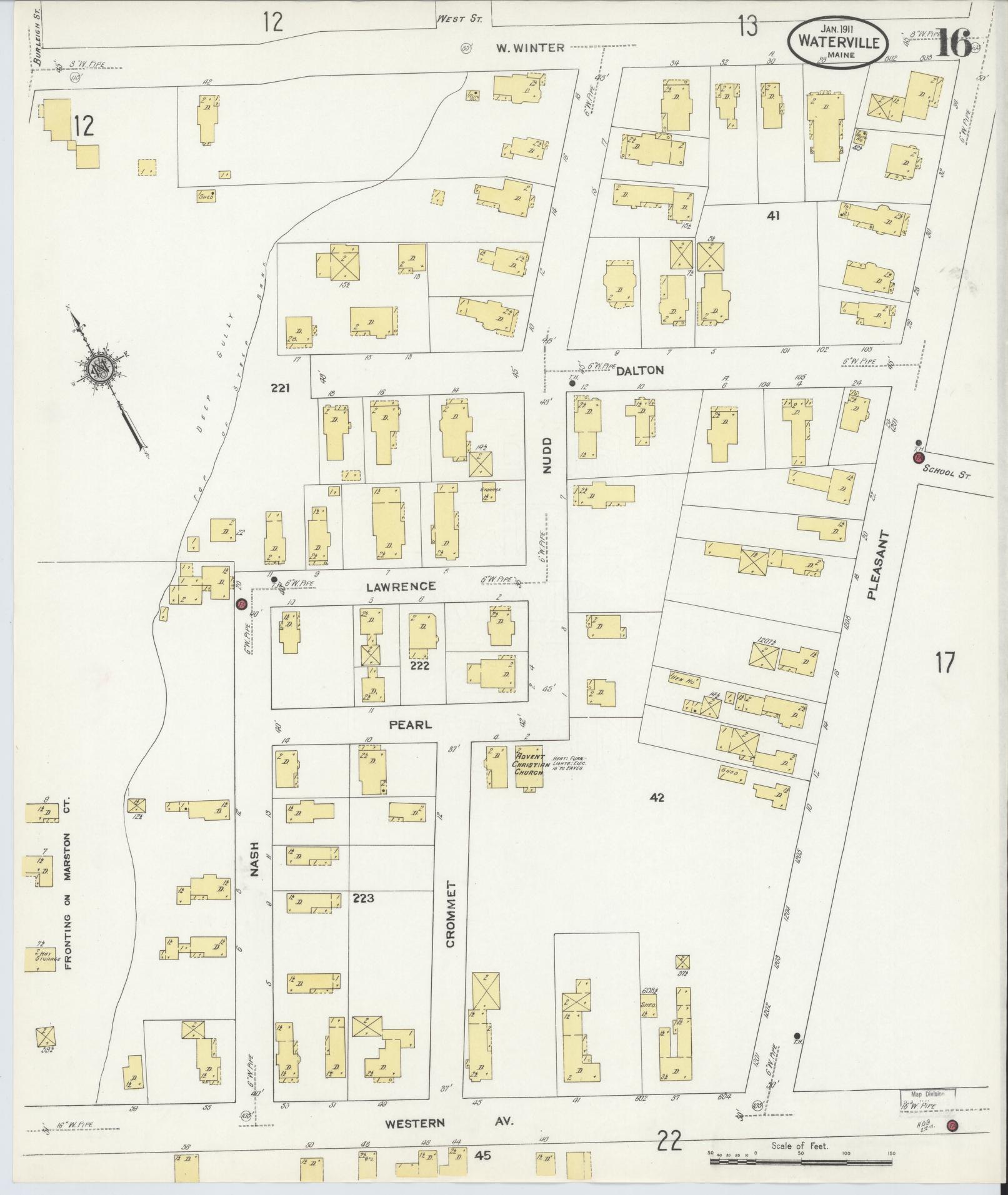 Sanborn Fire Insurance Map from Waterville, Kennebec County, Maine (1911), Sheet #0016 - Historic Sanborn Fire Insurance Map Print, vintage old map wall art, antique decor, genealogy gift, Maine Maine map