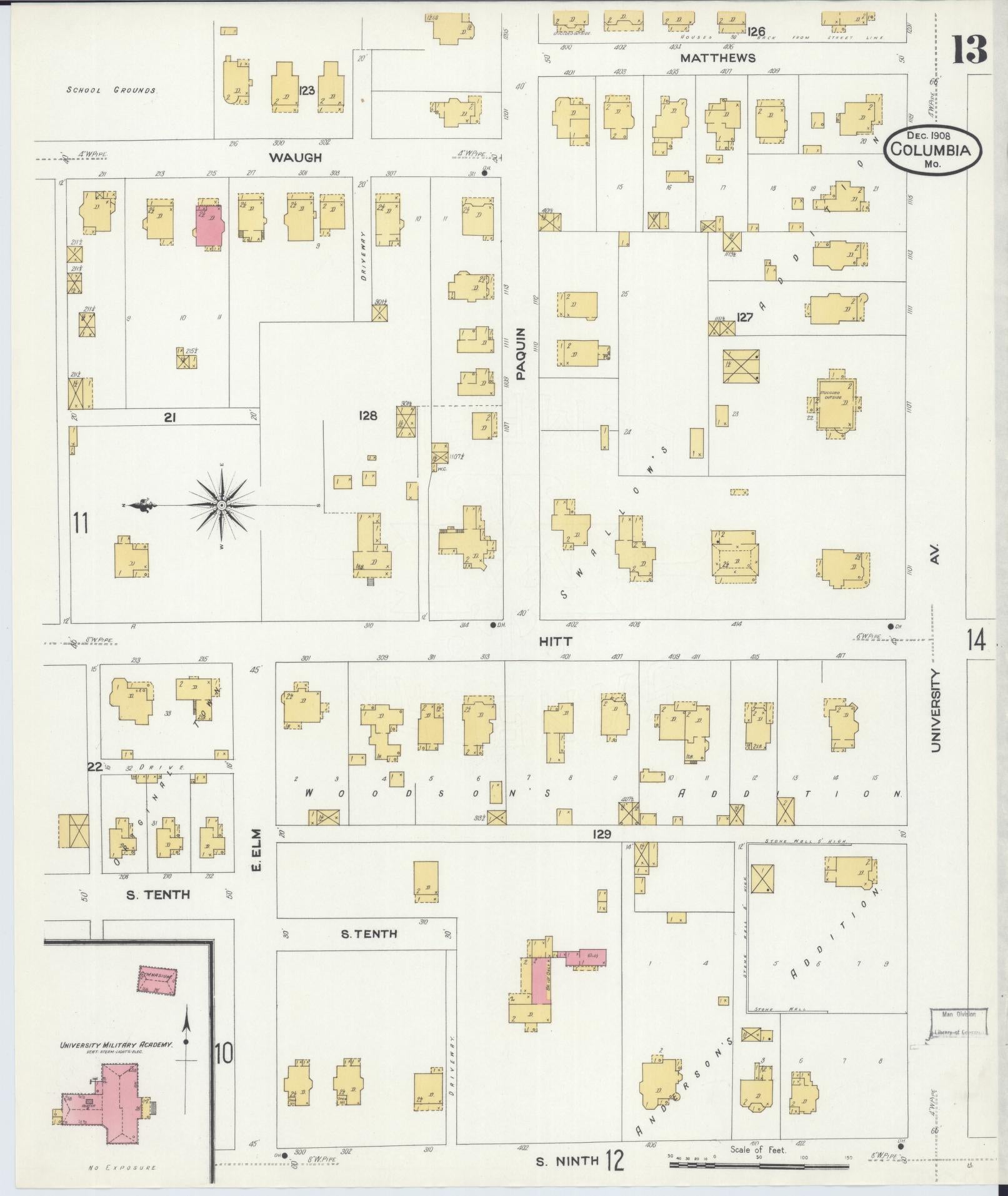 Sanborn Fire Insurance Map from Columbia, Boone County, Missouri (1908), Sheet #0013 - Historic Sanborn Fire Insurance Map Print, vintage old map wall art, antique decor, genealogy gift, Missouri Missouri map