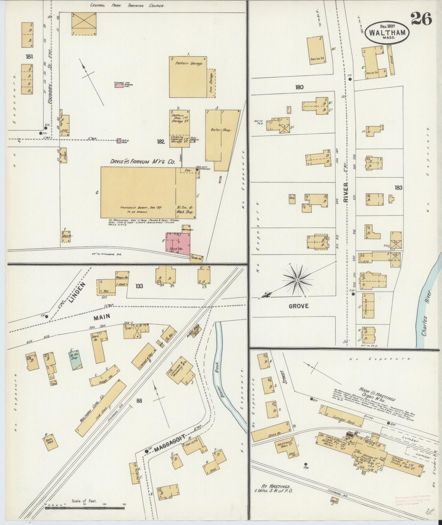 Sanborn Fire Insurance Map from Waltham, Middlesex County, Massachusetts (1897), Sheet #0026 - Complete Map Set gallery image, historic Sanborn map, vintage wall art, Massachusetts Massachusetts
