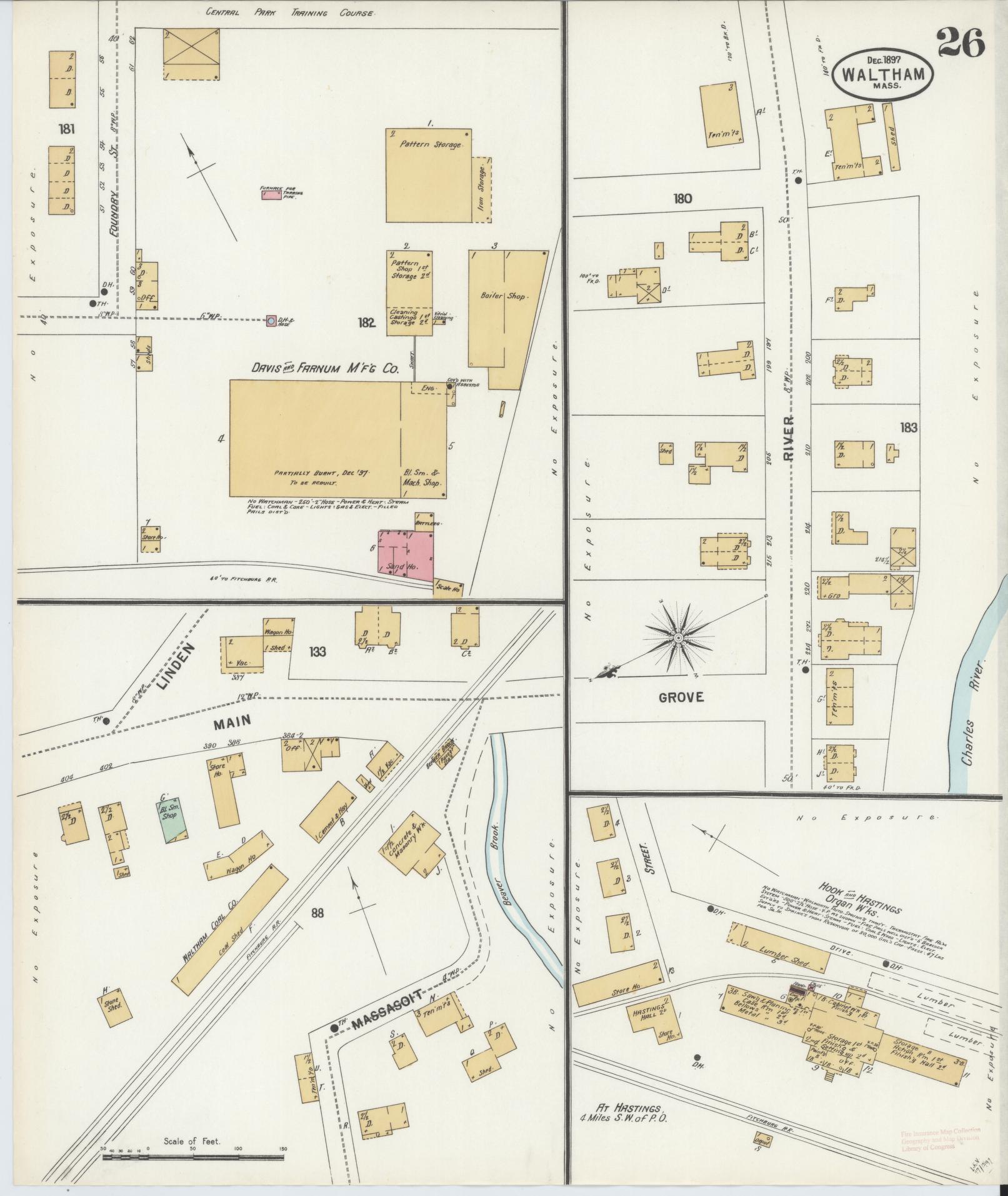 Sanborn Fire Insurance Map from Waltham, Middlesex County, Massachusetts (1897), Sheet #0026 - Complete Map Set gallery image, historic Sanborn map, vintage wall art, Massachusetts Massachusetts