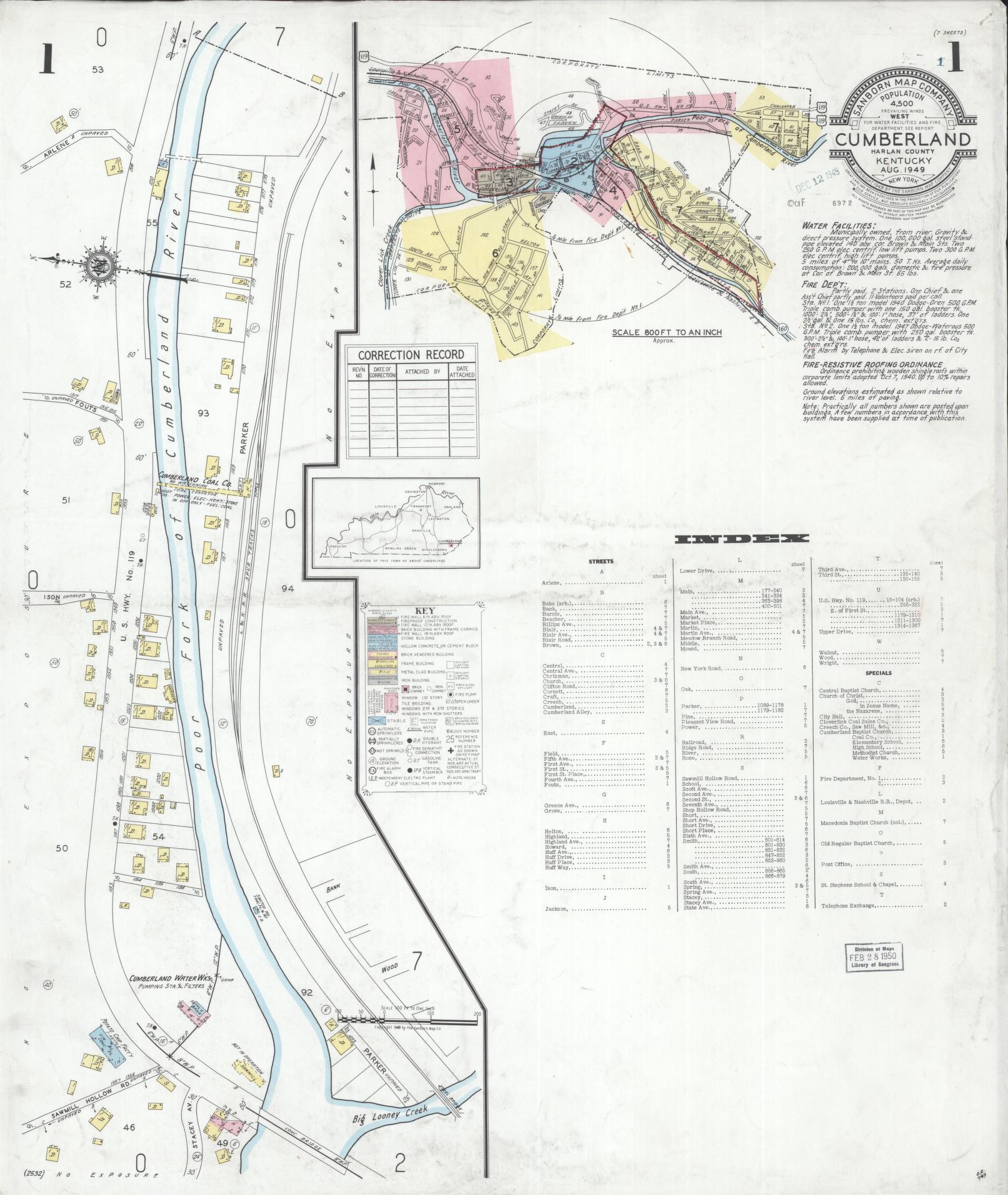 Sanborn Fire Insurance Map from Cumberland, Harlan County, Kentucky (1949), Sheet #0001 - Complete Map Set gallery image, historic Sanborn map, vintage wall art, Kentucky Kentucky