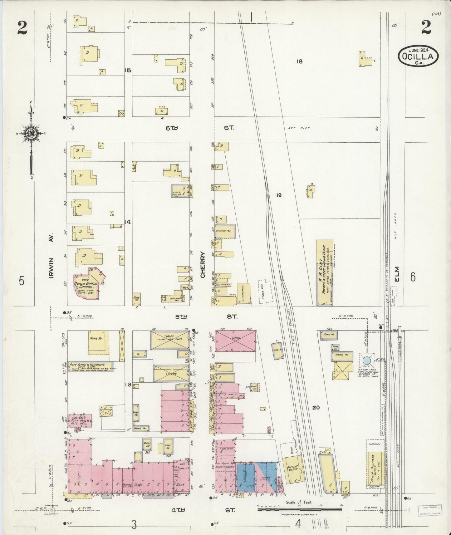 Sanborn Fire Insurance Map from Ocilla, Irwin County, Georgia (1924), Sheet #0002 - Historic Sanborn Fire Insurance Map Print, vintage old map wall art, antique decor, genealogy gift, Georgia Georgia map