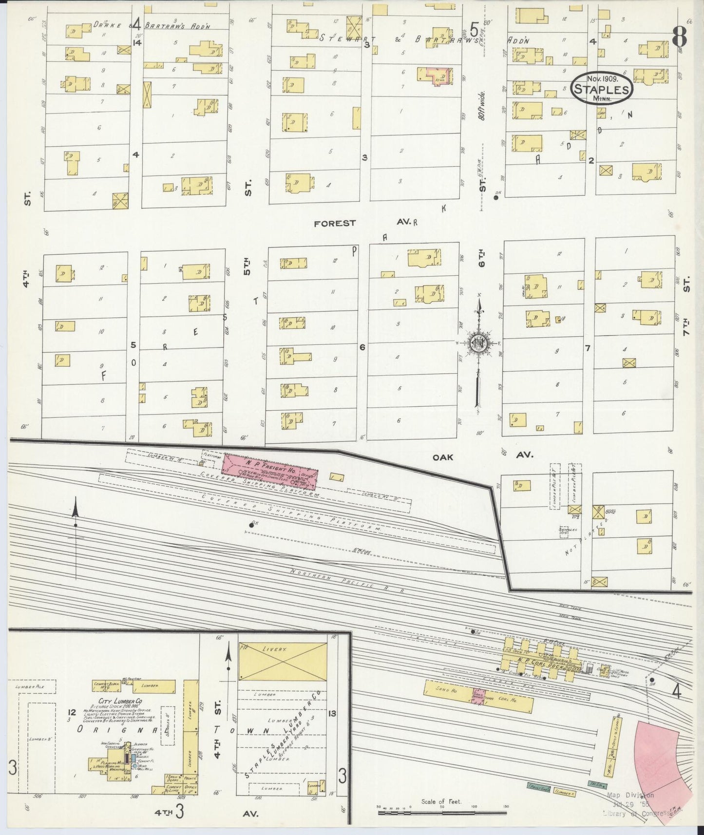 Sanborn Fire Insurance Map from Staples, Todd County, Minnesota (1909), Sheet #0008 - Historic Sanborn Fire Insurance Map Print, vintage old map wall art, antique decor, genealogy gift, Minnesota Minnesota map