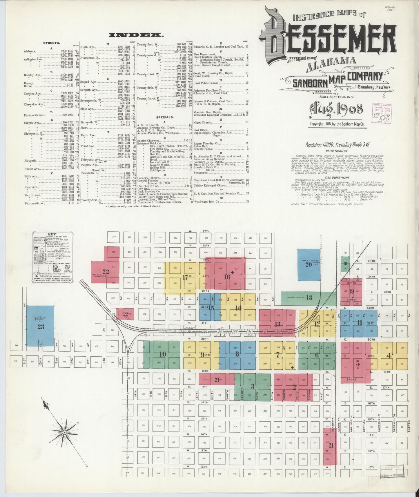 Sanborn Fire Insurance Map from Bessemer, Jefferson County, Alabama (1908), Sheet #0001 - Complete Map Set gallery image, historic Sanborn map, vintage wall art, Alabama Alabama