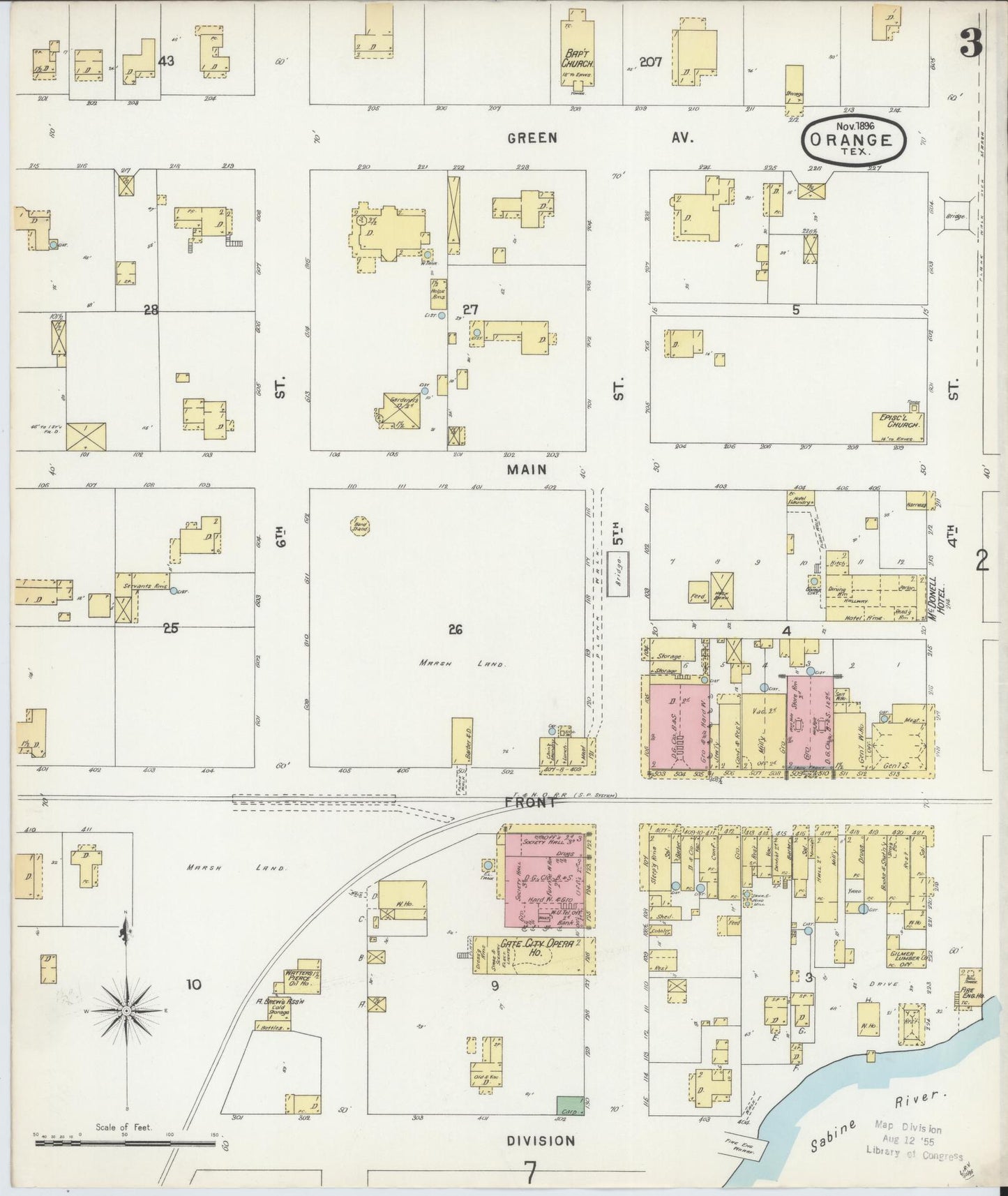 Sanborn Fire Insurance Map from Orange, Orange County, Texas (1896), Sheet #0003 - Complete Map Set gallery image, historic Sanborn map, vintage wall art, Texas Texas