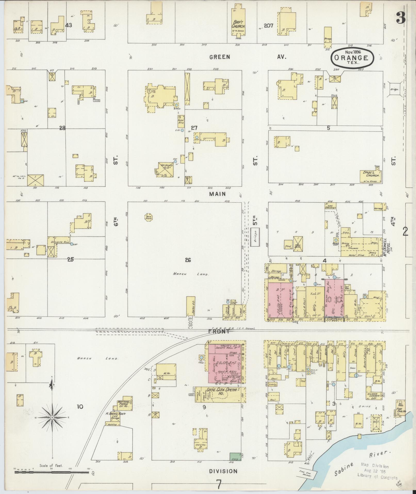 Sanborn Fire Insurance Map from Orange, Orange County, Texas (1896), Sheet #0003 - Complete Map Set gallery image, historic Sanborn map, vintage wall art, Texas Texas