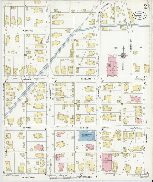 Sanborn Fire Insurance Map from Franklin, Johnson County, Indiana (1910), Sheet #0002 - Historic Sanborn Fire Insurance Map Print, vintage old map wall art, antique decor, genealogy gift, Indiana Indiana map