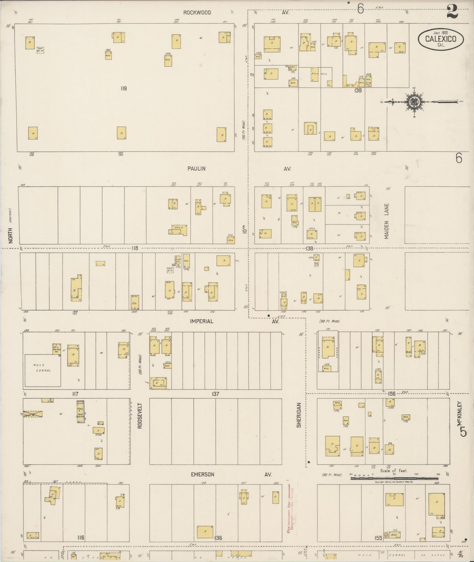 Sanborn Fire Insurance Map from Calexico, Imperial County, California (1920), Sheet #0002 - Historic Sanborn Fire Insurance Map Print, vintage old map wall art, antique decor, genealogy gift, California California map