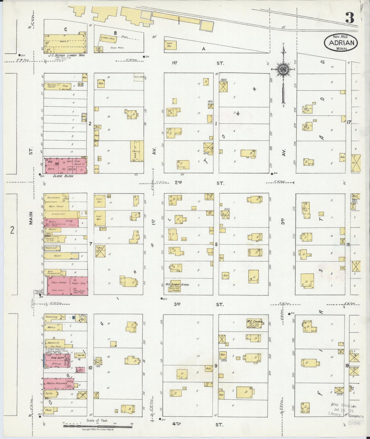 Sanborn Fire Insurance Map from Adrian, Nobles County, Minnesota (1922), Sheet #0003 - Complete Map Set gallery image, historic Sanborn map, vintage wall art, Minnesota Minnesota