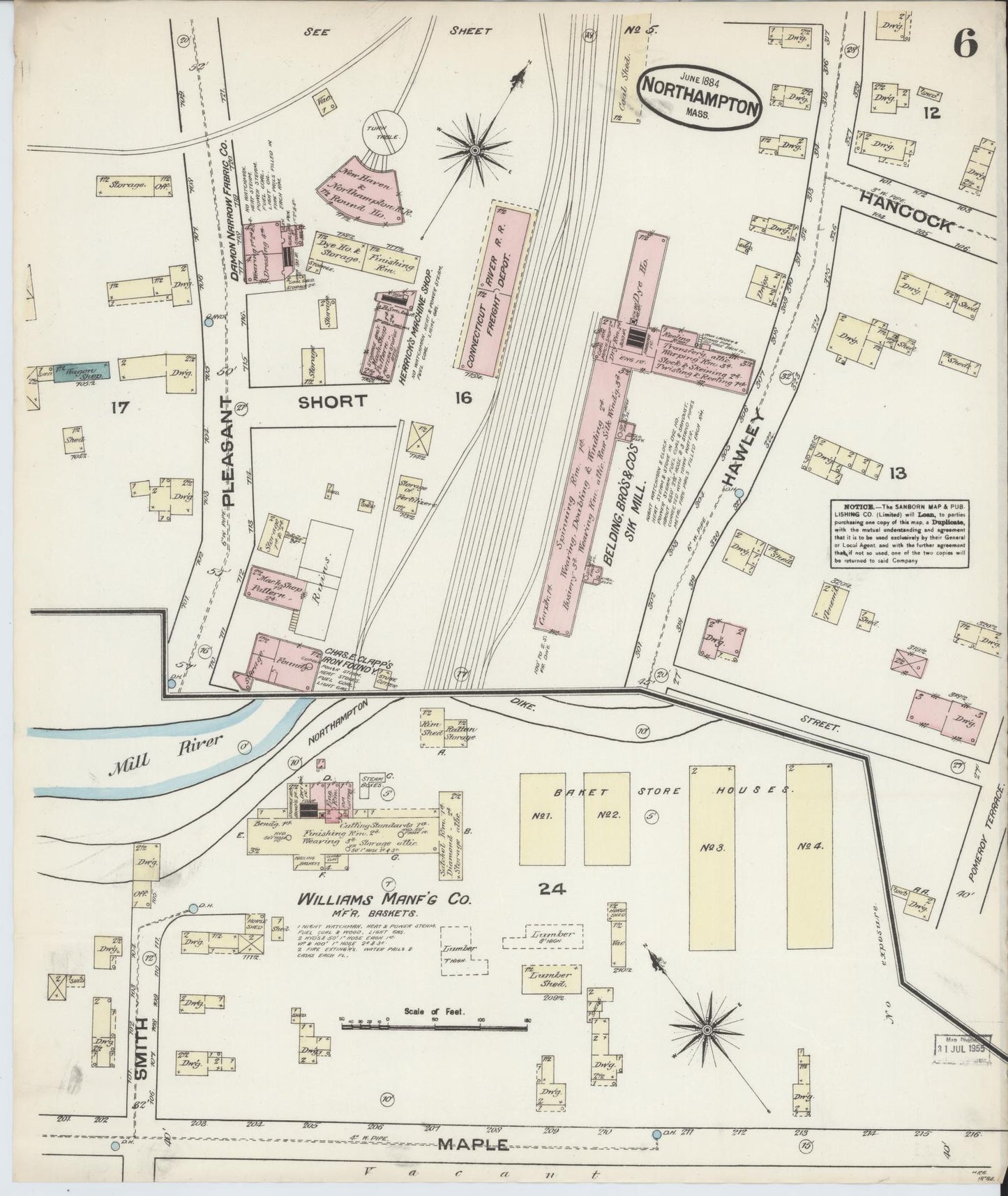 Sanborn Fire Insurance Map from Northampton, Hampshire County, Massachusetts (1884), Sheet #0006 - Historic Sanborn Fire Insurance Map Print, vintage old map wall art, antique decor, genealogy gift, Massachusetts Massachusetts map