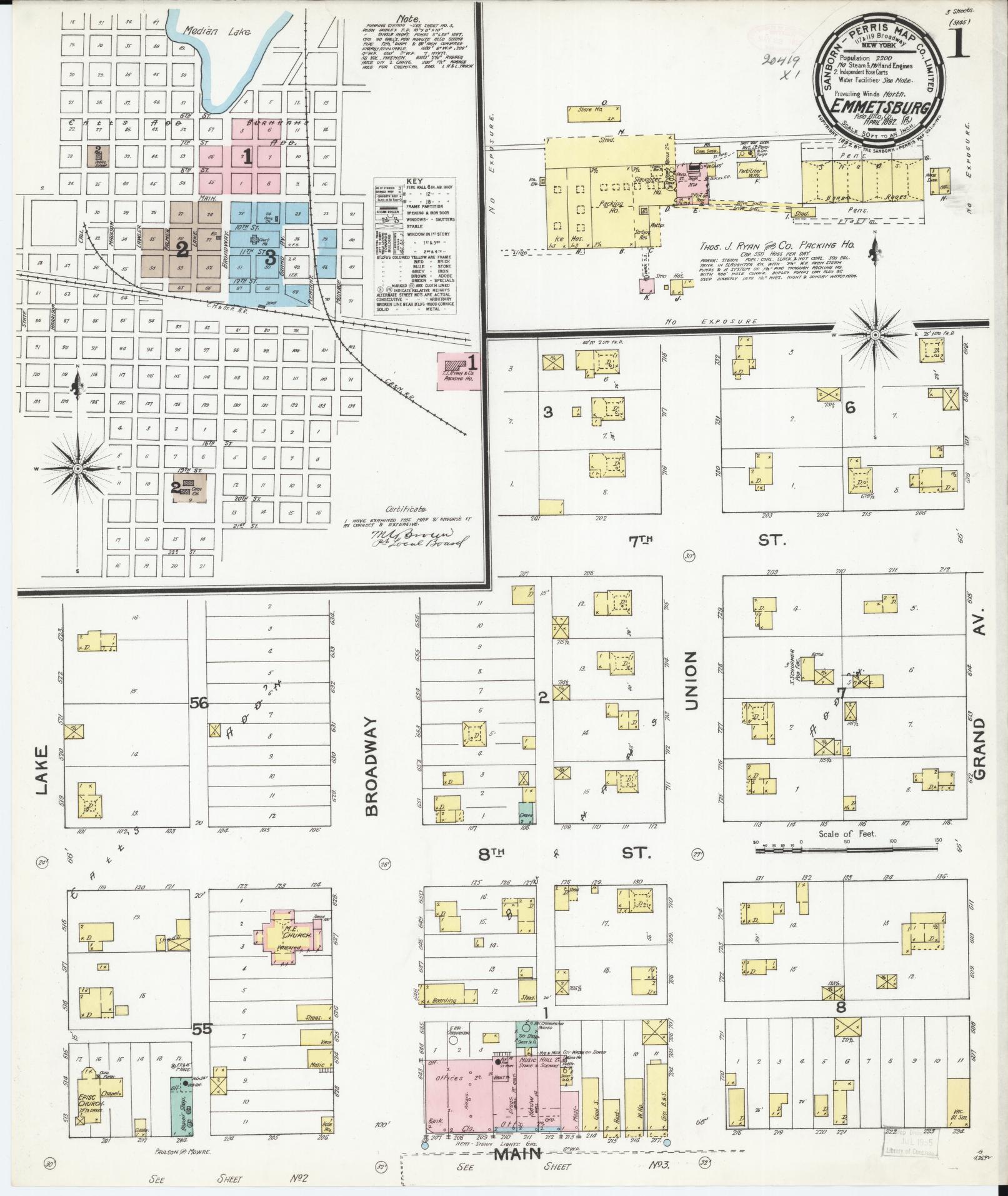 Sanborn Fire Insurance Map from Emmetsburg, Palo Alto County, Iowa (1892), Sheet #0001 - Historic Sanborn Fire Insurance Map Print, vintage old map wall art