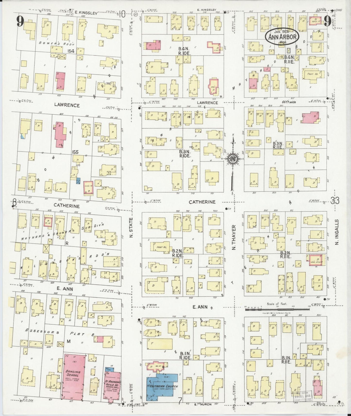 Sanborn Fire Insurance Map from Ann Arbor, Washtenaw County, Michigan (1925), Sheet #0009 - Historic Sanborn Fire Insurance Map Print, vintage old map wall art, antique decor, genealogy gift, Michigan Michigan map