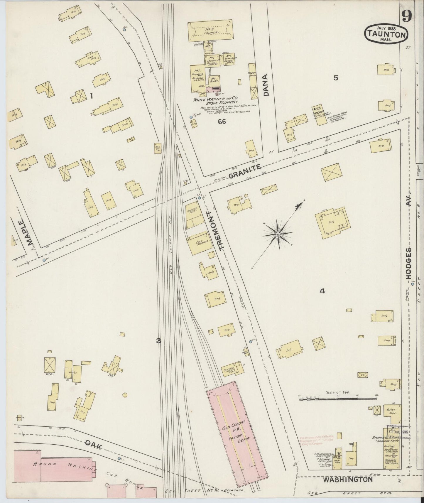 Sanborn Fire Insurance Map from Taunton, Bristol County, Massachusetts (1888), Sheet #0009 - Complete Map Set gallery image, historic Sanborn map, vintage wall art, Massachusetts Massachusetts
