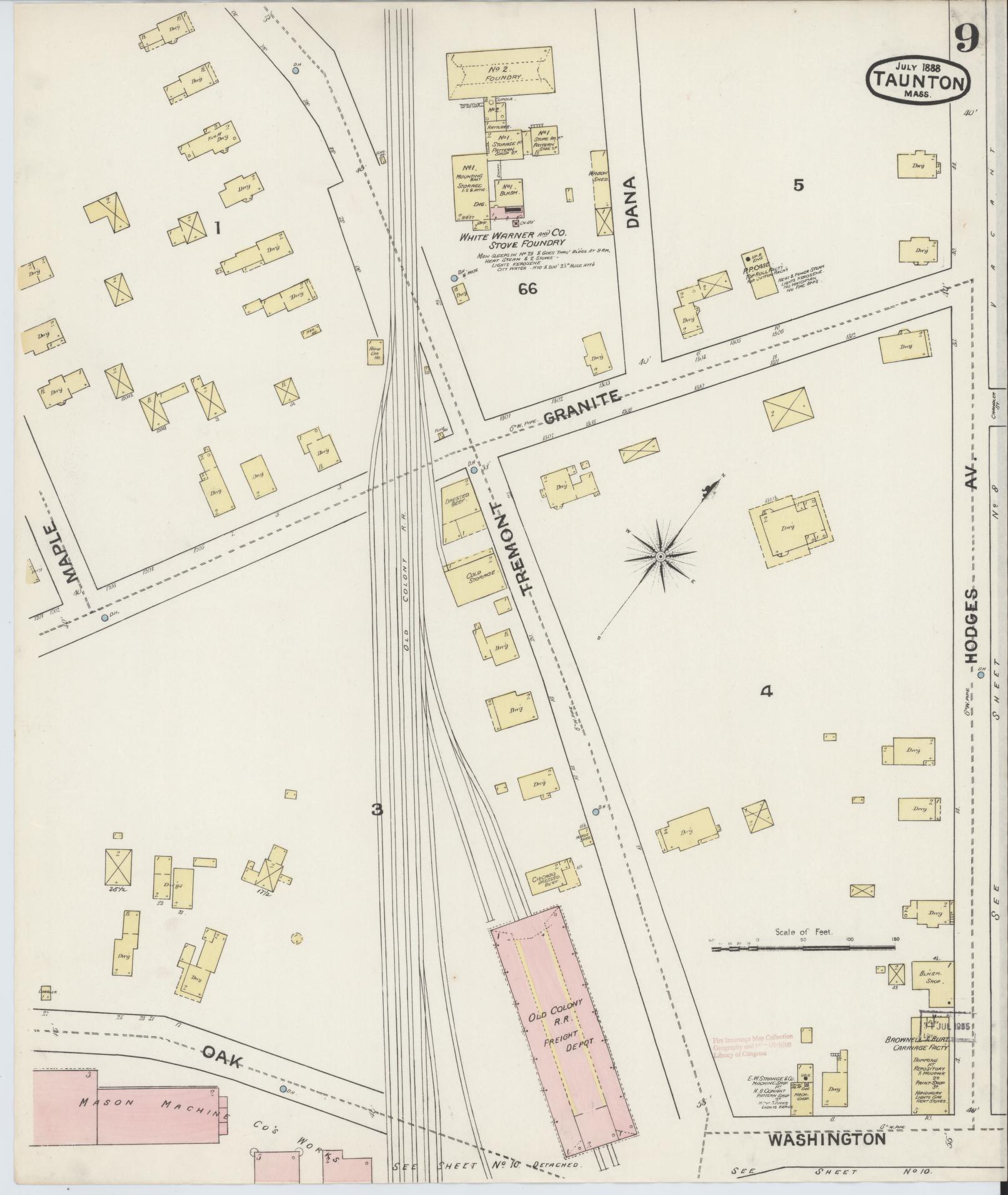 Sanborn Fire Insurance Map from Taunton, Bristol County, Massachusetts (1888), Sheet #0009 - Complete Map Set gallery image, historic Sanborn map, vintage wall art, Massachusetts Massachusetts