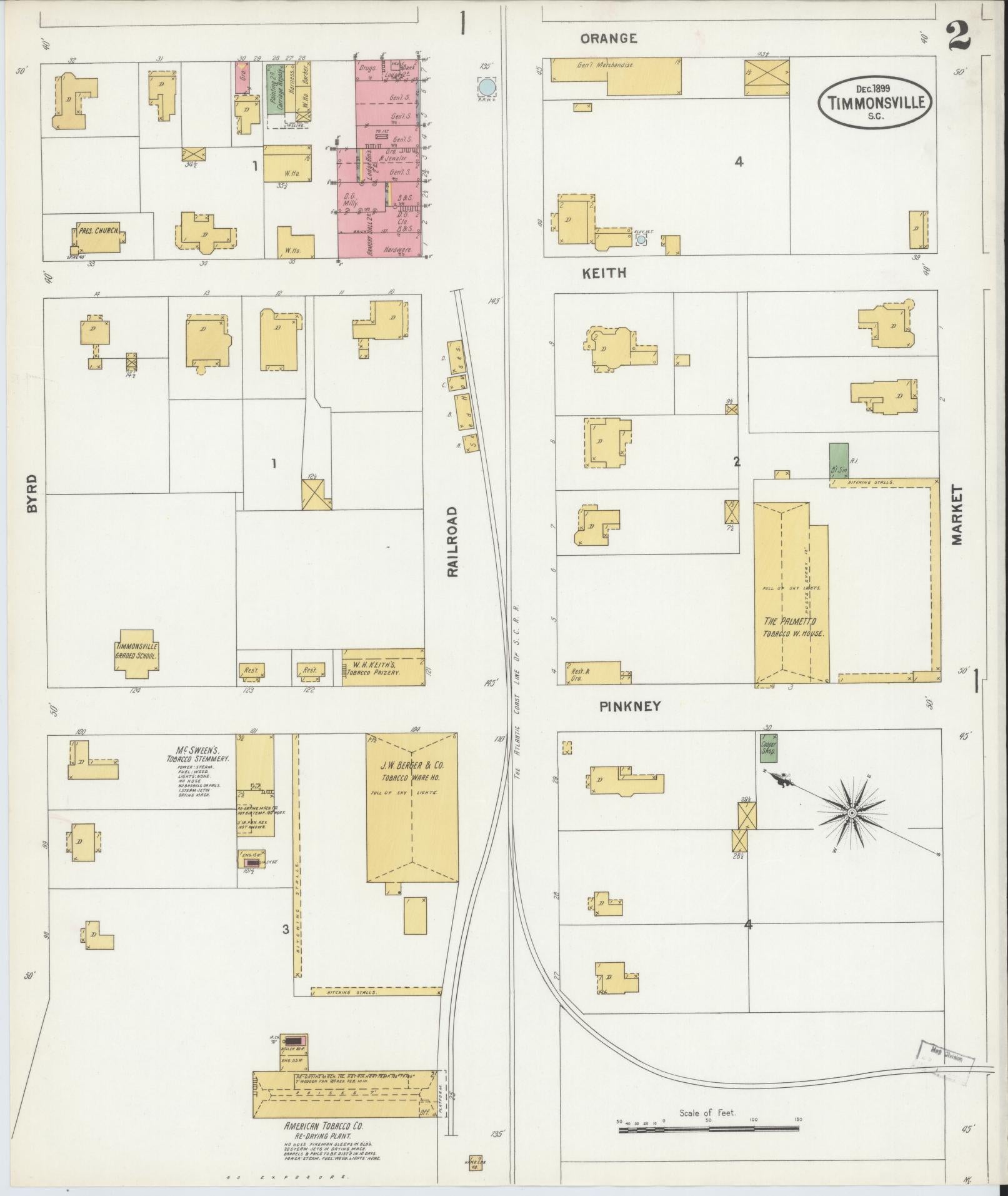 Sanborn Fire Insurance Map from Timmonsville, Florence County, South Carolina (1899), Sheet #0002 - Complete Map Set gallery image, historic Sanborn map, vintage wall art, South Carolina South Carolina