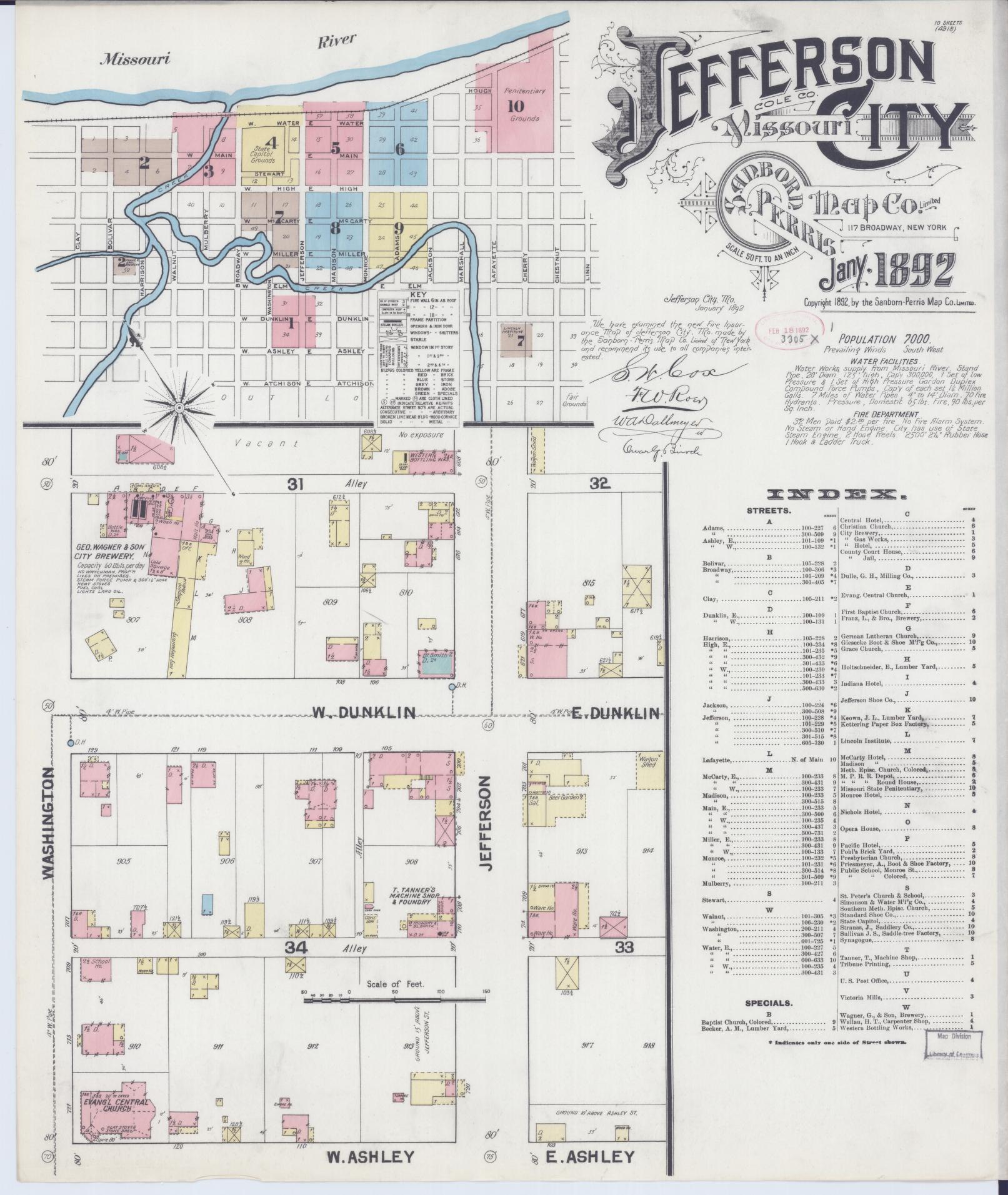 Sanborn Fire Insurance Map from Jefferson City, Cole County, Missouri (1892), Sheet #0001 - Historic Sanborn Fire Insurance Map Print, vintage old map wall art, antique decor, genealogy gift, Missouri Missouri map