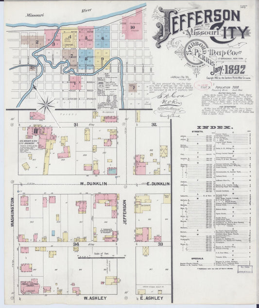 Sanborn Fire Insurance Map from Jefferson City, Cole County, Missouri (1892), Sheet #0001 - Historic Sanborn Fire Insurance Map Print, vintage old map wall art, antique decor, genealogy gift, Missouri Missouri map