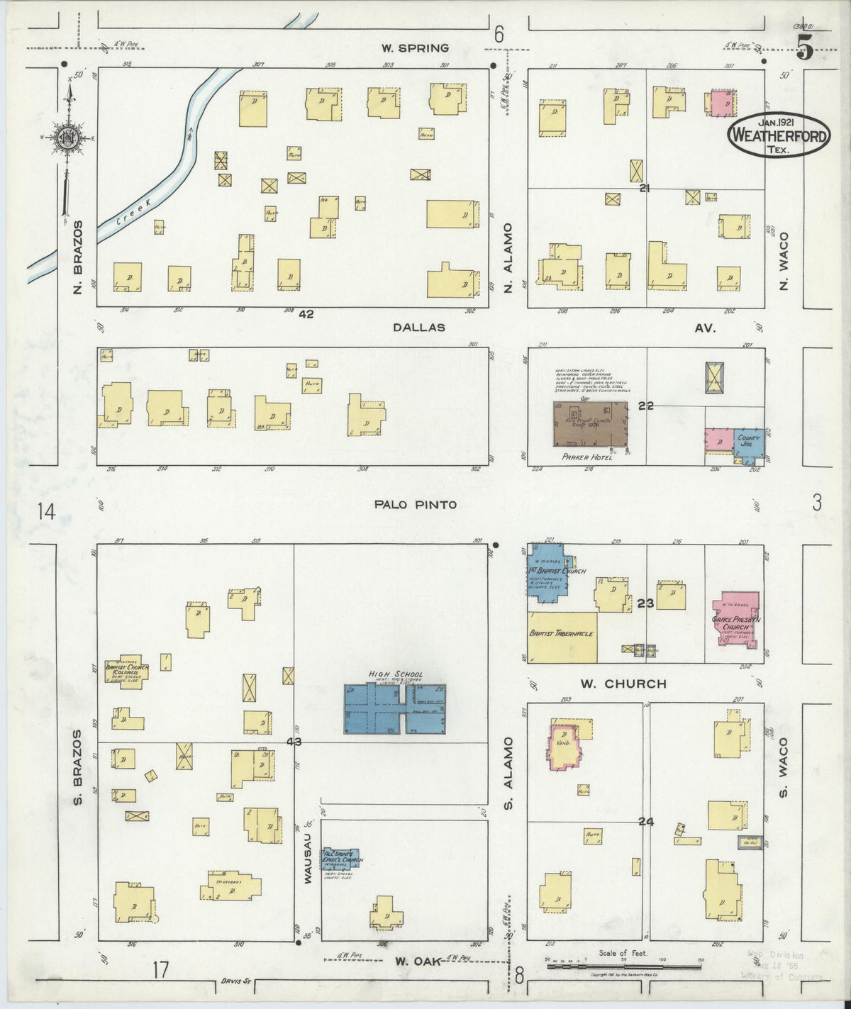 Sanborn Fire Insurance Map from Weatherford, Parker County, Texas (1921), Sheet #0005 - Complete Map Set gallery image, historic Sanborn map, vintage wall art, Texas Texas