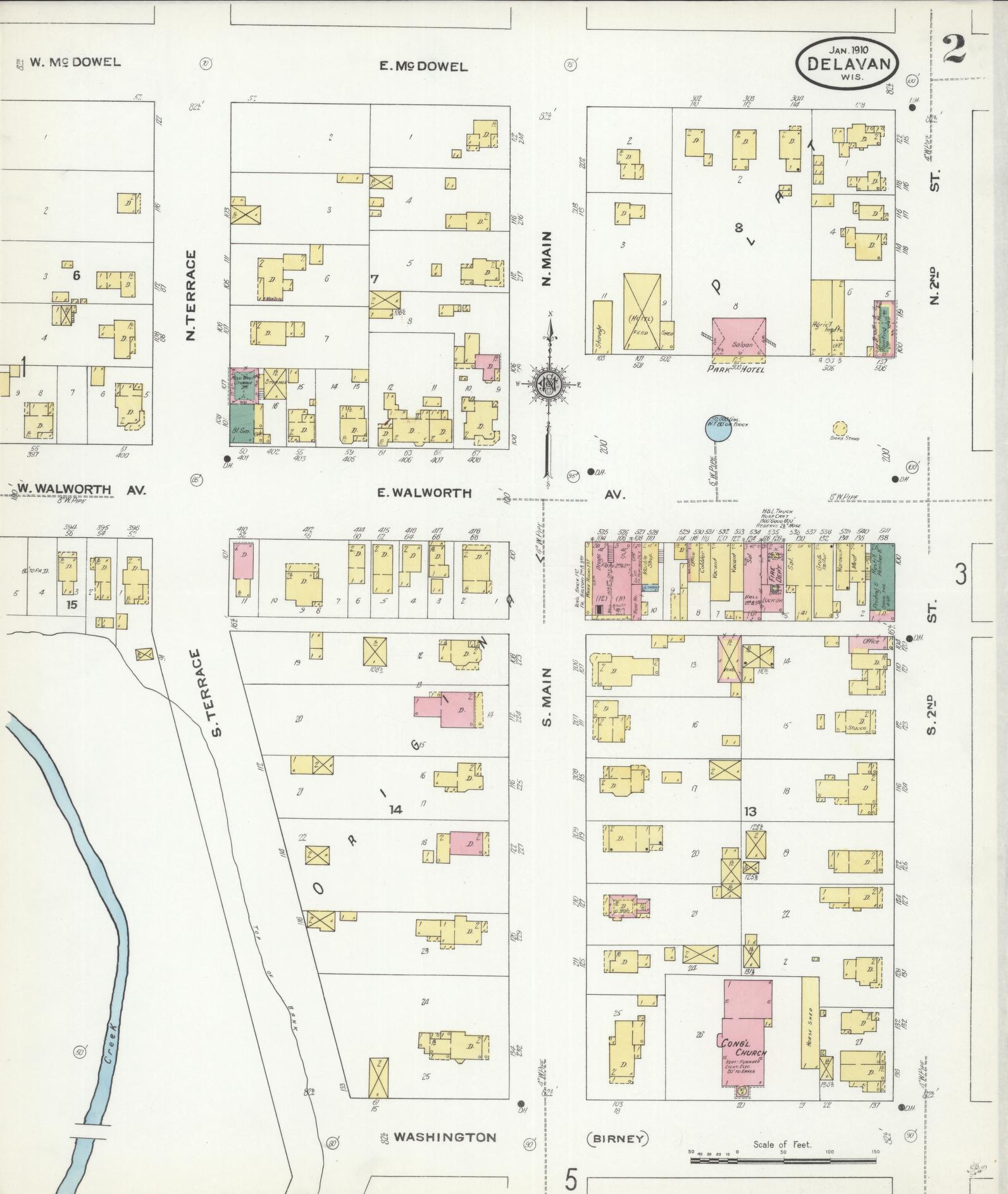 Sanborn Fire Insurance Map from Delavan, Walworth County, Wisconsin (1910), Sheet #0002 - Historic Sanborn Fire Insurance Map Print, vintage old map wall art, antique decor, genealogy gift, Wisconsin Wisconsin map