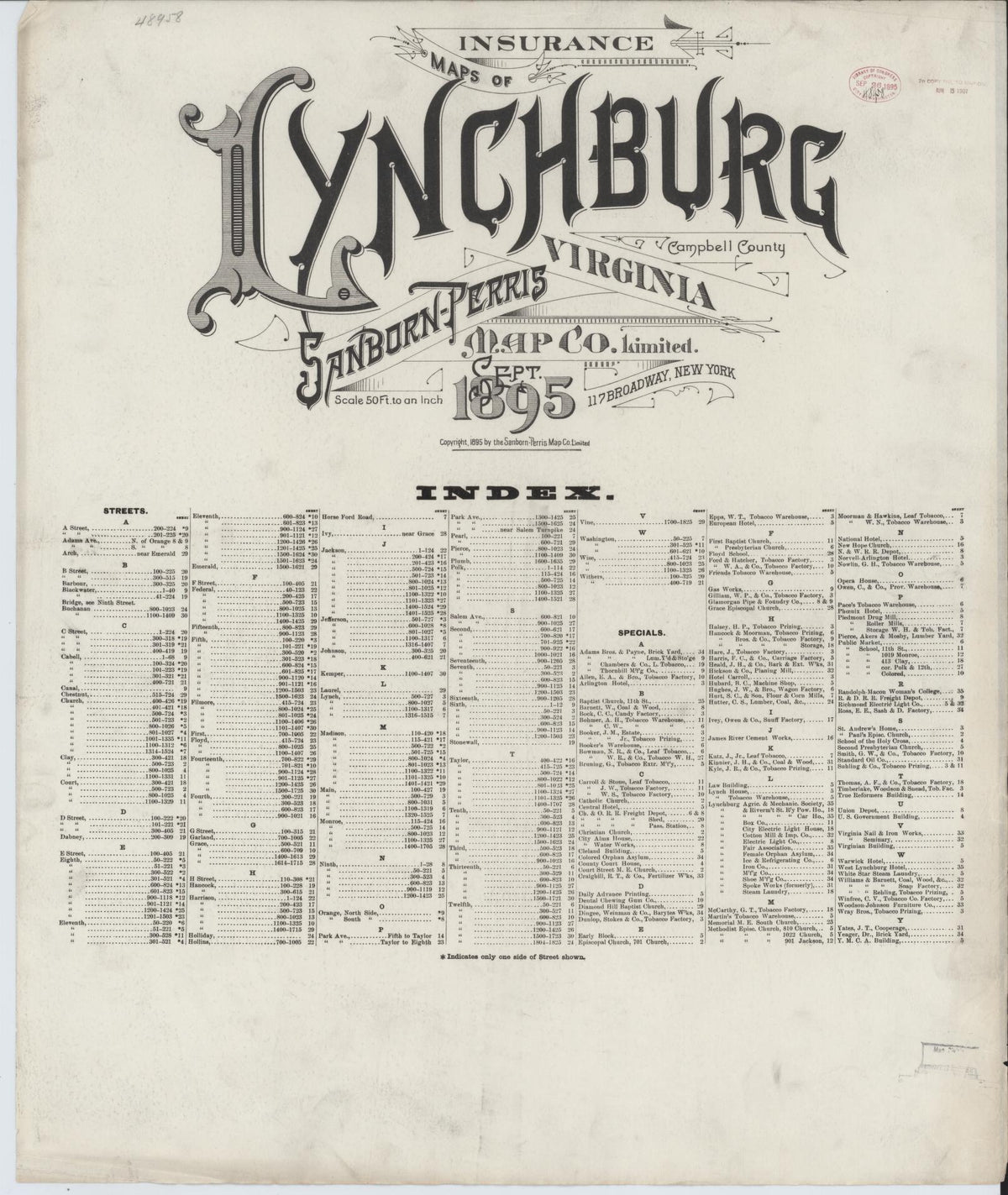 Sanborn Fire Insurance Map from Lynchburg, Independent Cities, Virginia (1895), Sheet #0001 - Historic Sanborn Fire Insurance Map Print, vintage old map wall art, antique decor, genealogy gift, Virginia Virginia map