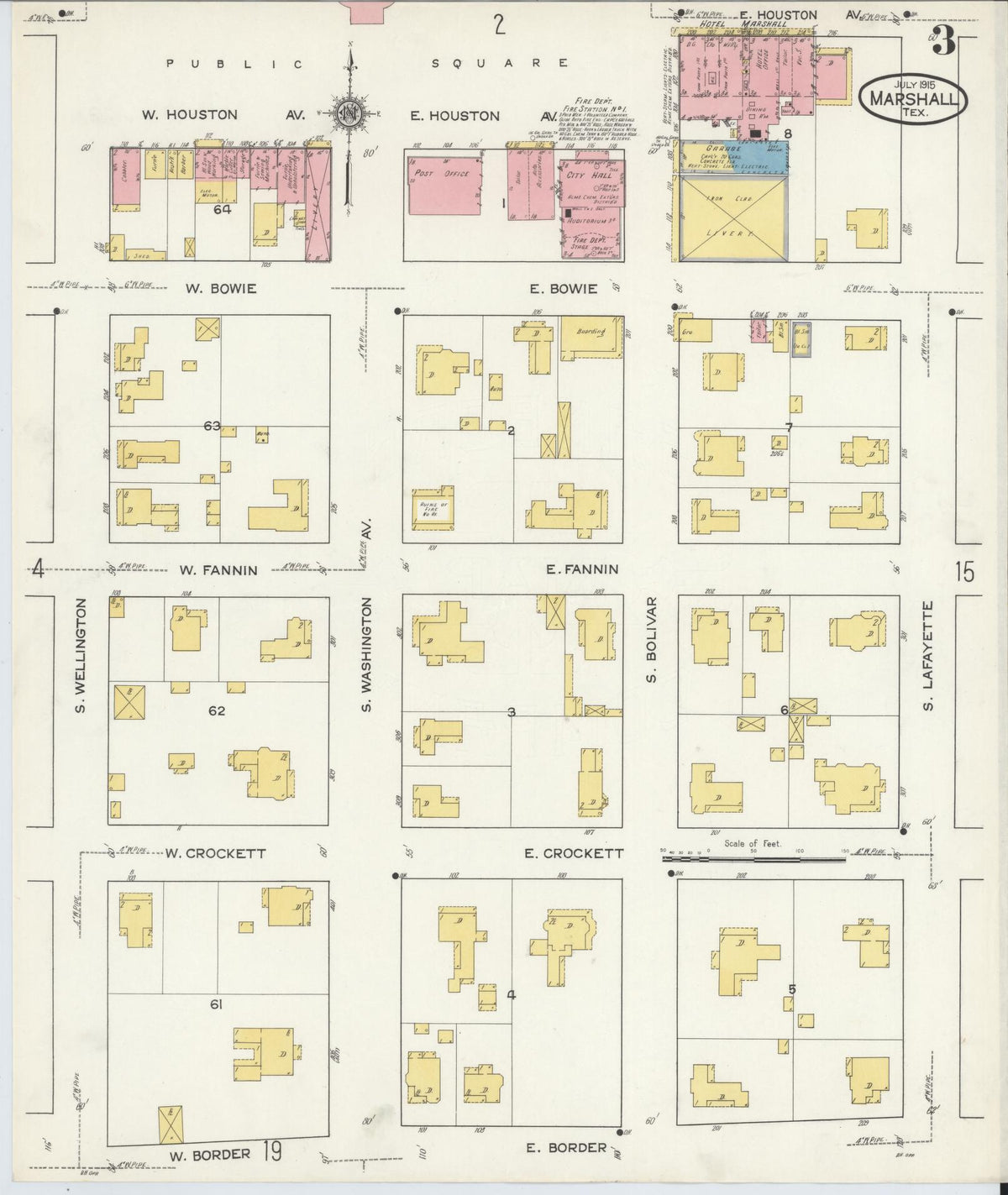 Sanborn Fire Insurance Map from Marshall, Harrison County, Texas (1915), Sheet #0003 - Complete Map Set gallery image, historic Sanborn map, vintage wall art, Texas Texas