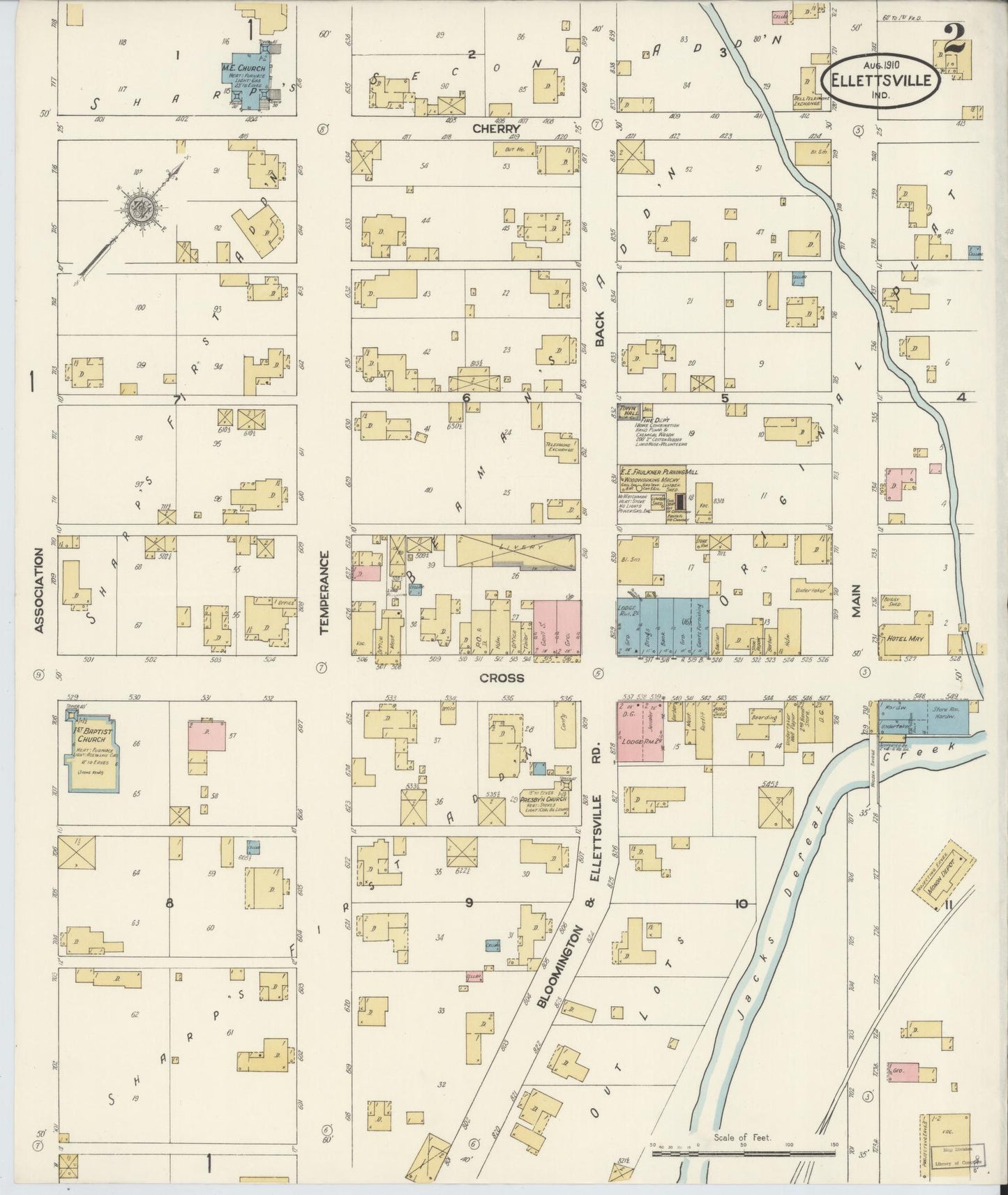 Sanborn Fire Insurance Map from Ellettsville, Monroe County, Indiana (1910), Sheet #0002 - Complete Map Set gallery image, historic Sanborn map, vintage wall art, Indiana Indiana