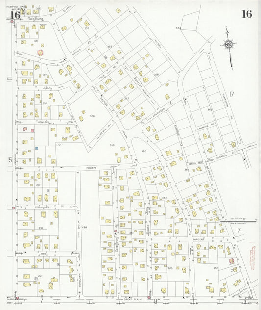 Sanborn Fire Insurance Map from Needham, Norfolk County, Massachusetts (1937), Sheet #0016 - Historic Sanborn Fire Insurance Map Print, vintage old map wall art, antique decor, genealogy gift, Massachusetts Massachusetts map