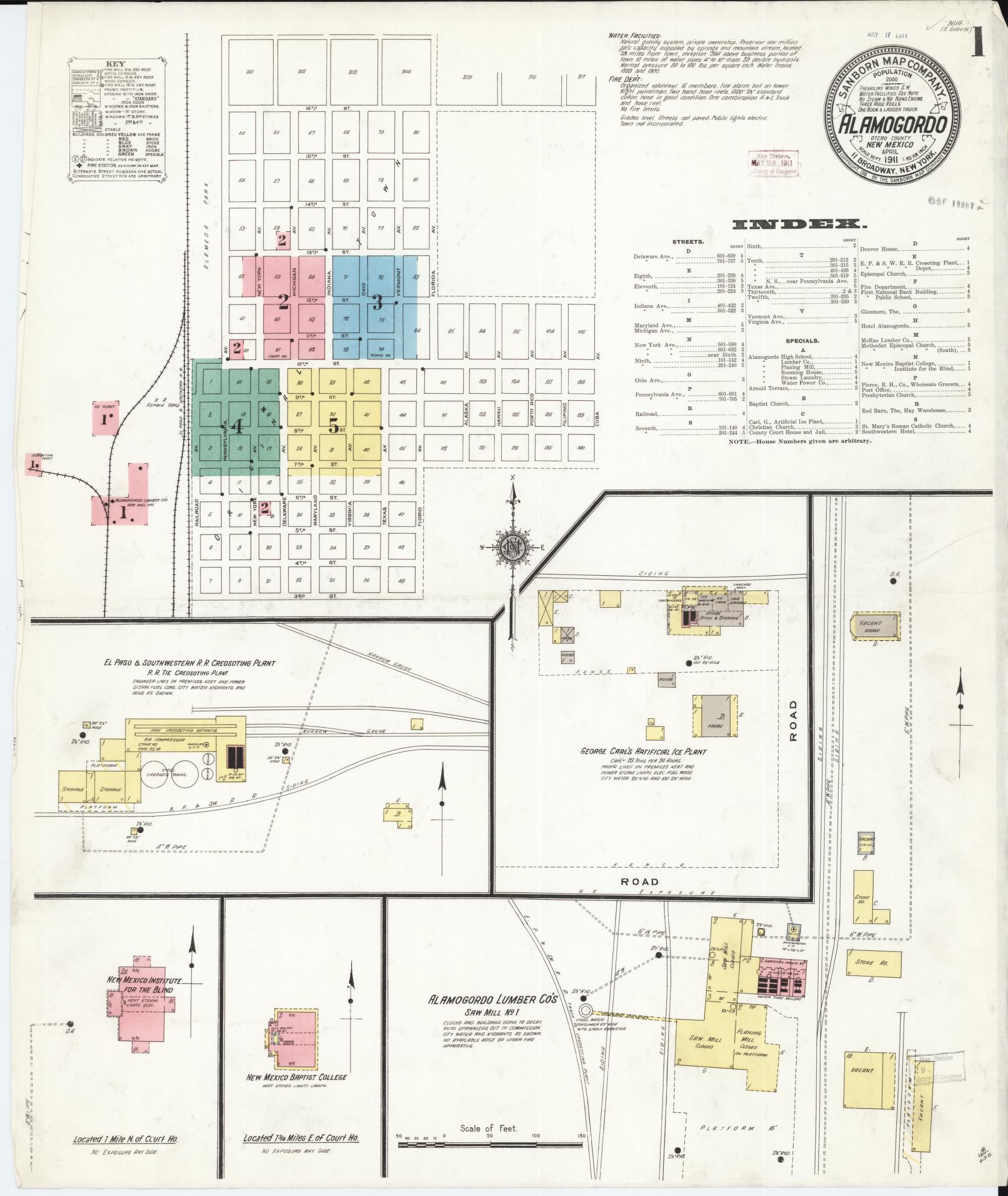 Sanborn Fire Insurance Map from Alamogordo, Otero County, New Mexico (1911), Sheet #0001 - Historic Sanborn Fire Insurance Map Print, vintage old map wall art, antique decor, genealogy gift, New Mexico New Mexico map