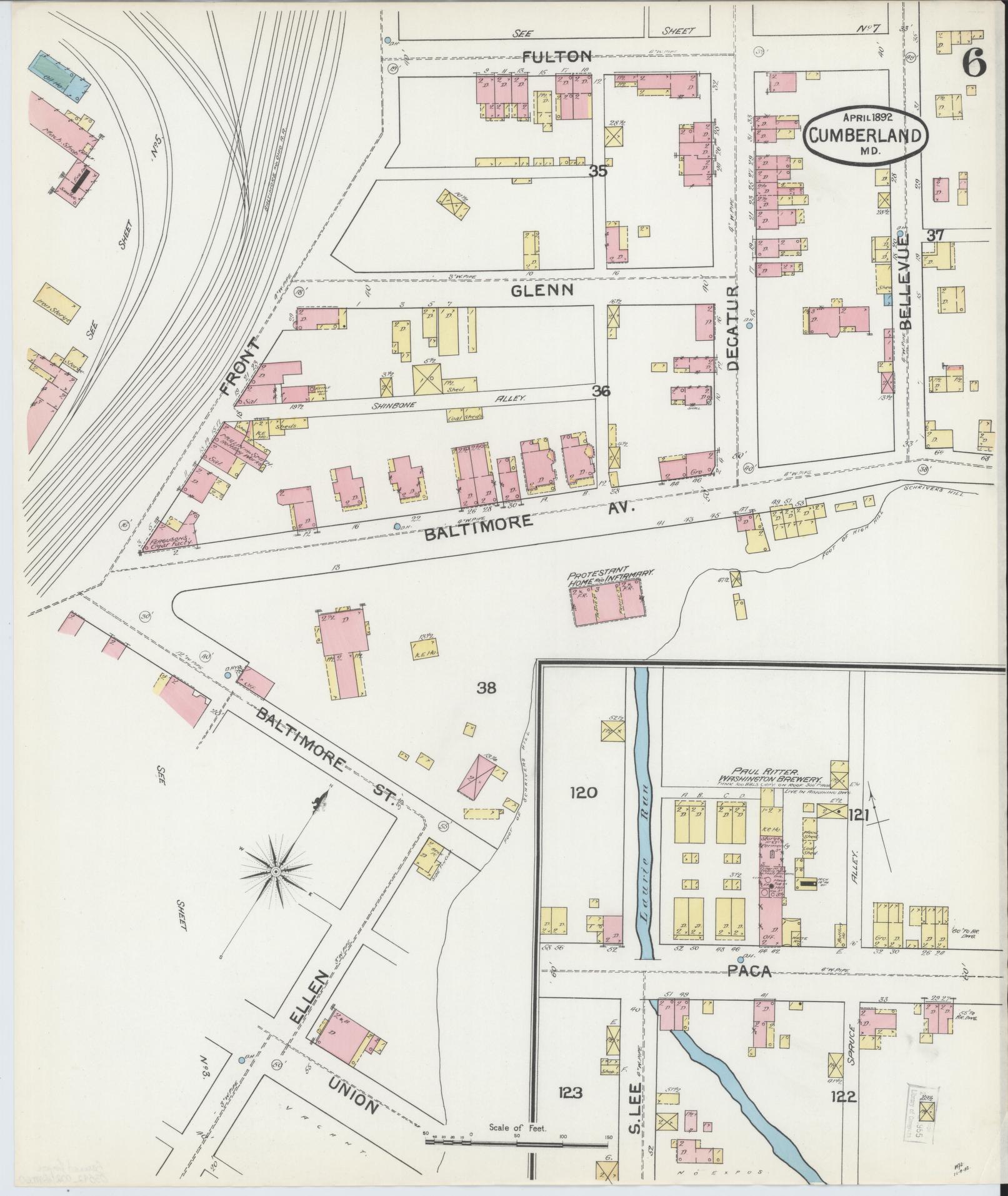 Sanborn Fire Insurance Map from Cumberland, Allegany County, Maryland (1892), Sheet #0006 - Historic Sanborn Fire Insurance Map Print, vintage old map wall art, antique decor, genealogy gift, Maryland Maryland map
