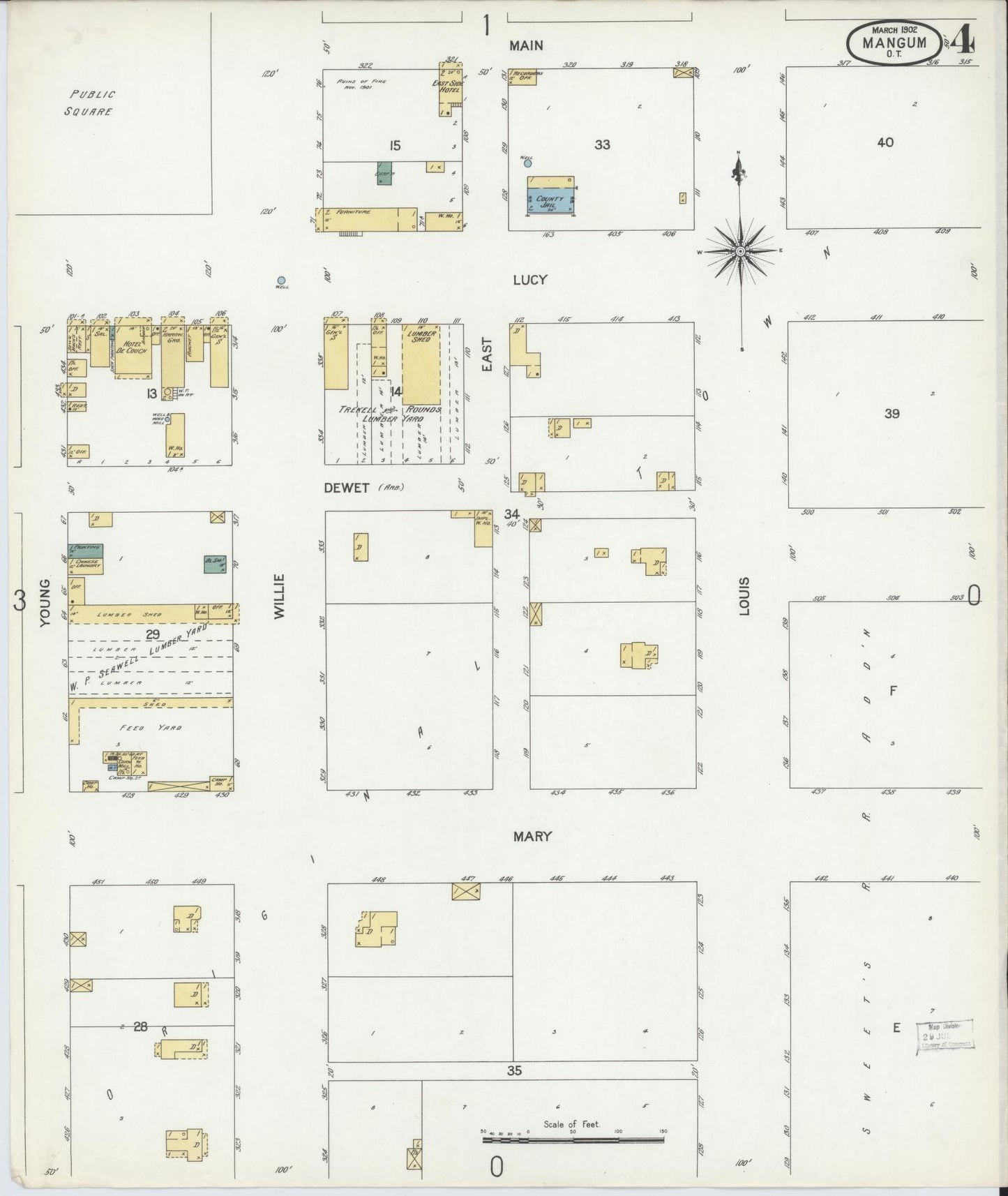 Sanborn Fire Insurance Map from Mangum, Greer County, Oklahoma (1902), Sheet #0004 - Historic Sanborn Fire Insurance Map Print, vintage old map wall art, antique decor, genealogy gift, Oklahoma Oklahoma map