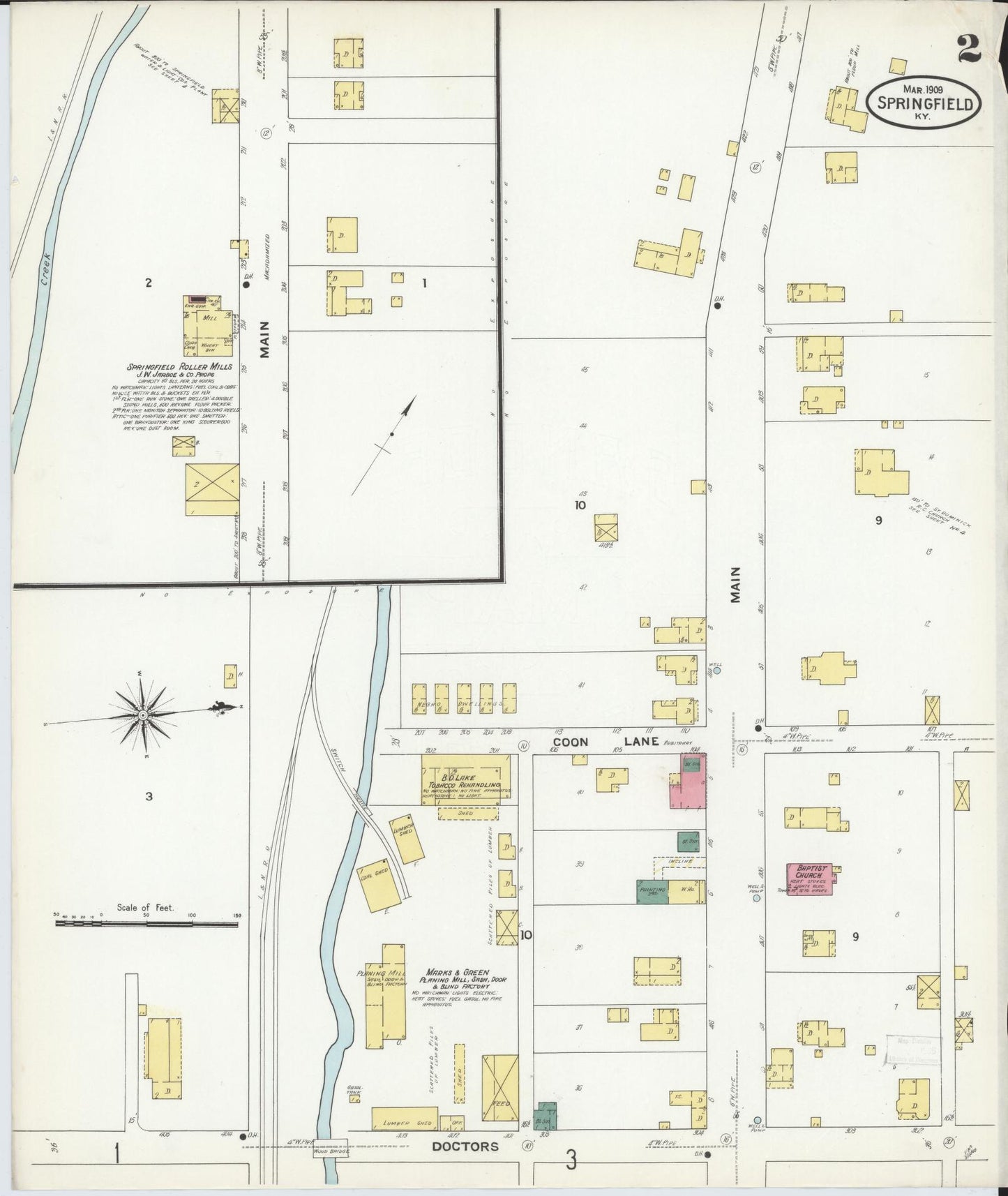 Sanborn Fire Insurance Map from Springfield, Washington County, Kentucky (1909), Sheet #0002 - Historic Sanborn Fire Insurance Map Print, vintage old map wall art, antique decor, genealogy gift, Kentucky Kentucky map