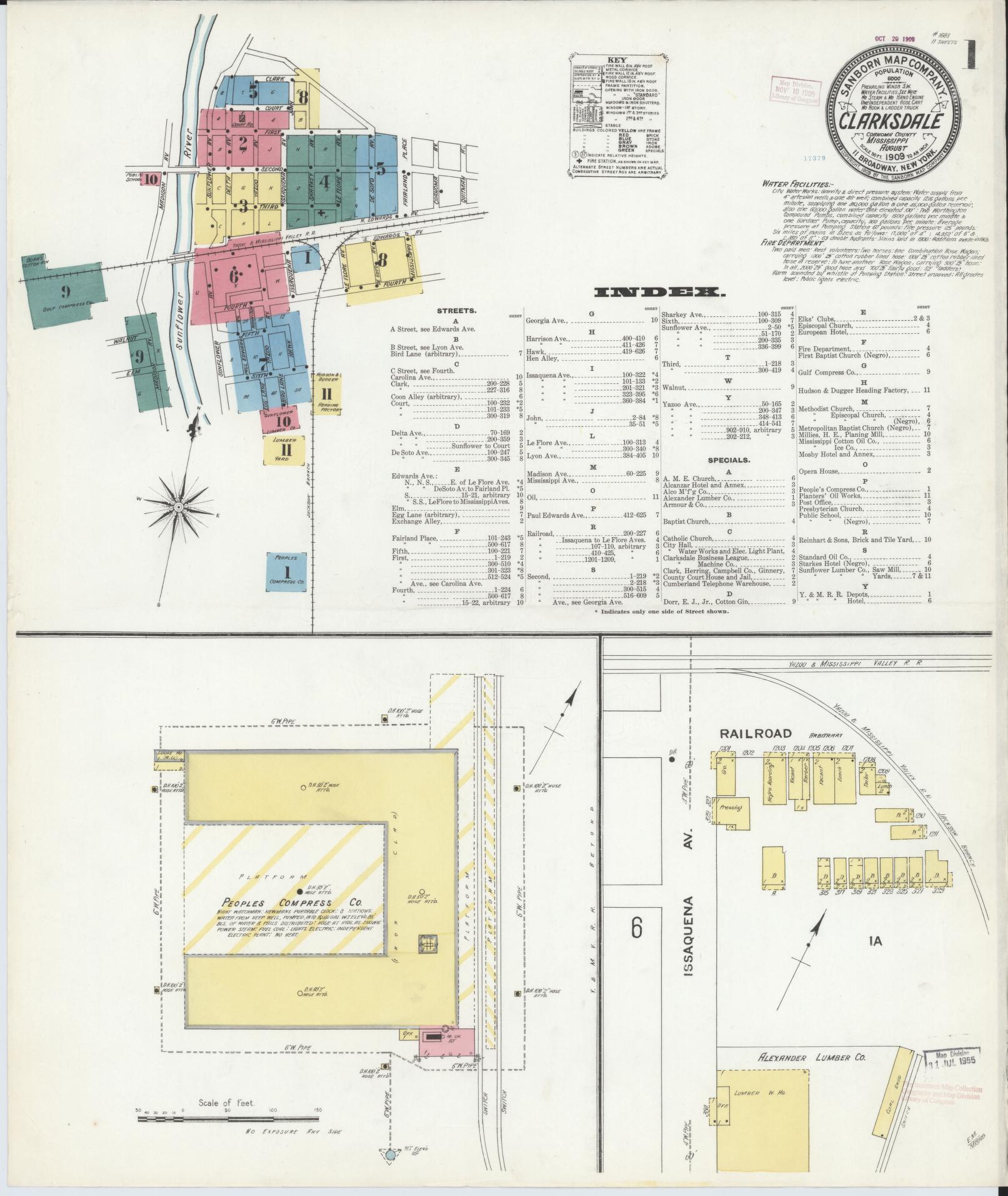 Sanborn Fire Insurance Map from Clarksdale, Coahoma County, Mississippi (1909), Sheet #0001 - Historic Sanborn Fire Insurance Map Print, vintage old map wall art, antique decor, genealogy gift, Mississippi Mississippi map