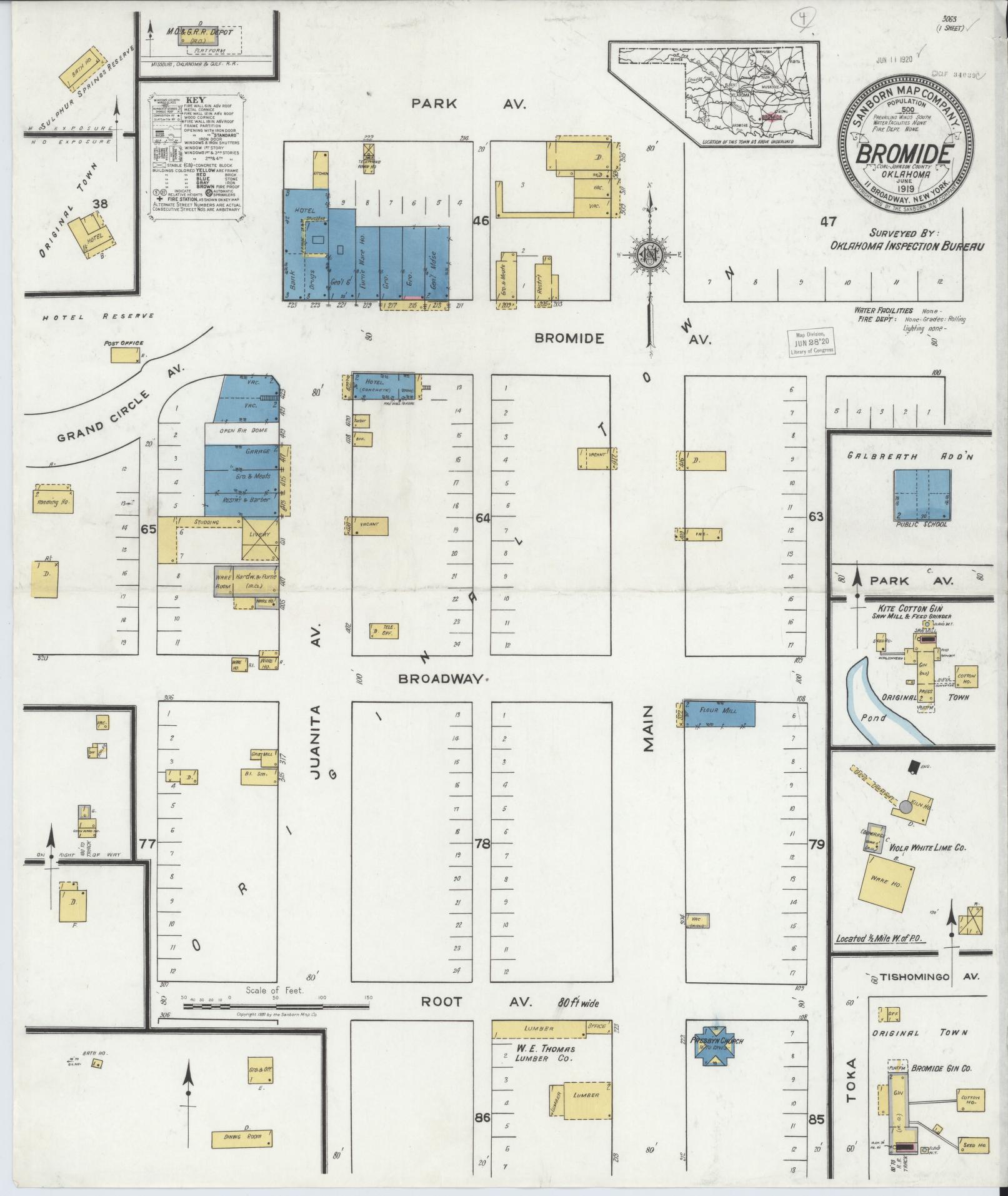 Sanborn Fire Insurance Map from Bromide, Coal And Johnson Counties, Oklahoma (1919), Sheet #0001 - Historic Sanborn Fire Insurance Map Print, vintage old map wall art, antique decor, genealogy gift, Oklahoma Oklahoma map