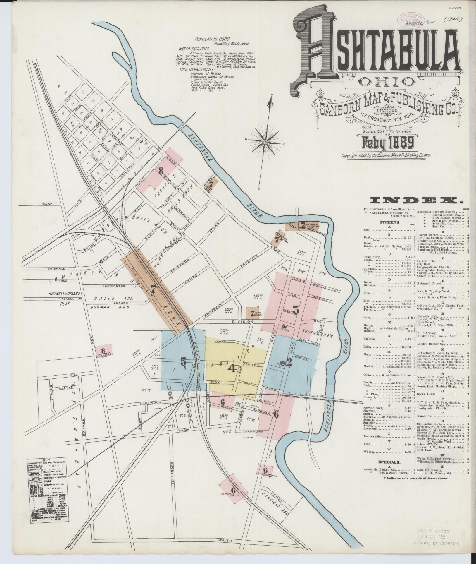 Sanborn Fire Insurance Map from Ashtabula, Ashtabula County, Ohio (1889), Sheet #0001 - Historic Sanborn Fire Insurance Map Print, vintage old map wall art, antique decor, genealogy gift, Ohio Ohio map