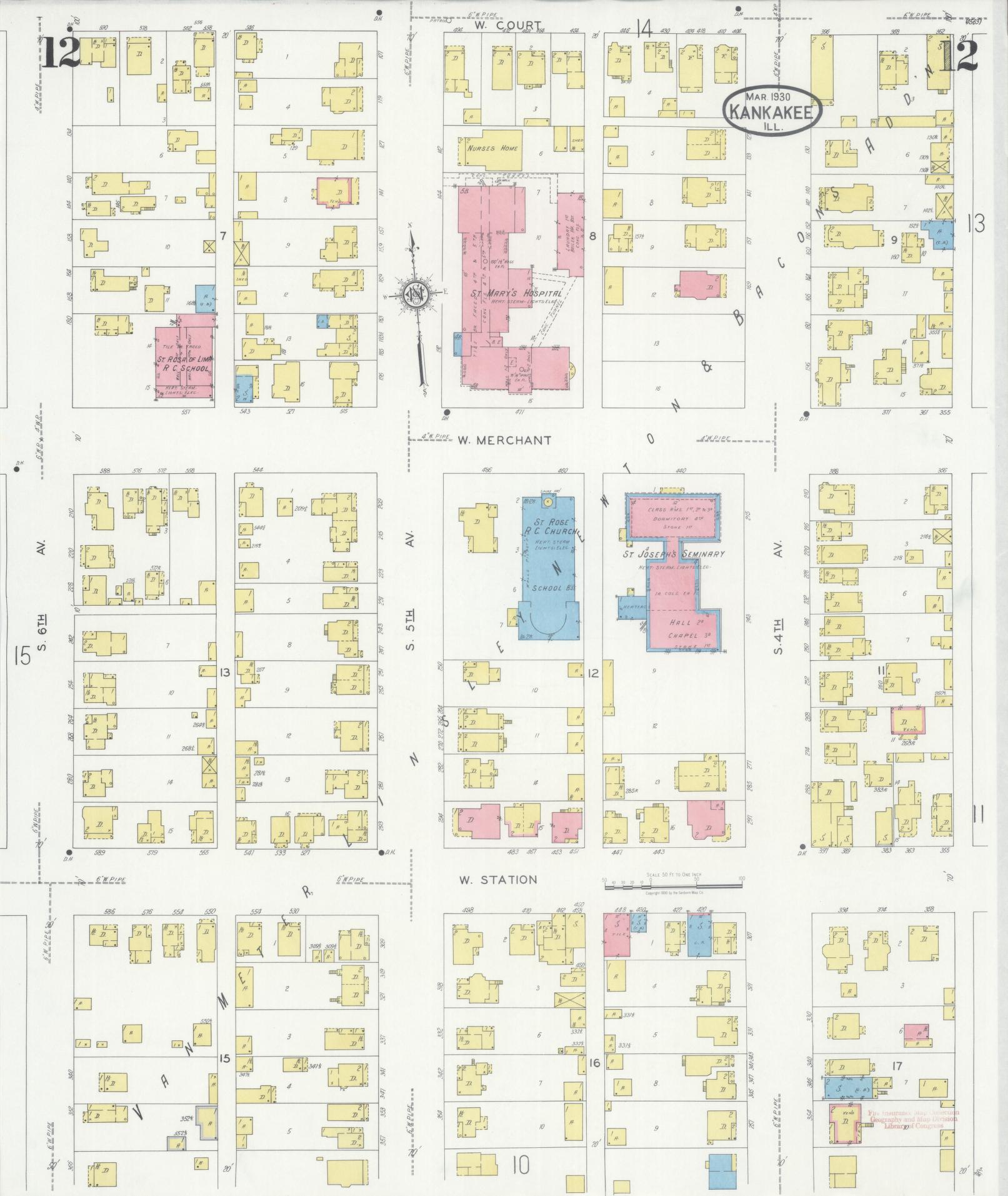 Sanborn Fire Insurance Map from Kankakee, Kankakee County, Illinois (1930), Sheet #0012 - Historic Sanborn Fire Insurance Map Print, vintage old map wall art, antique decor, genealogy gift, Illinois Illinois map