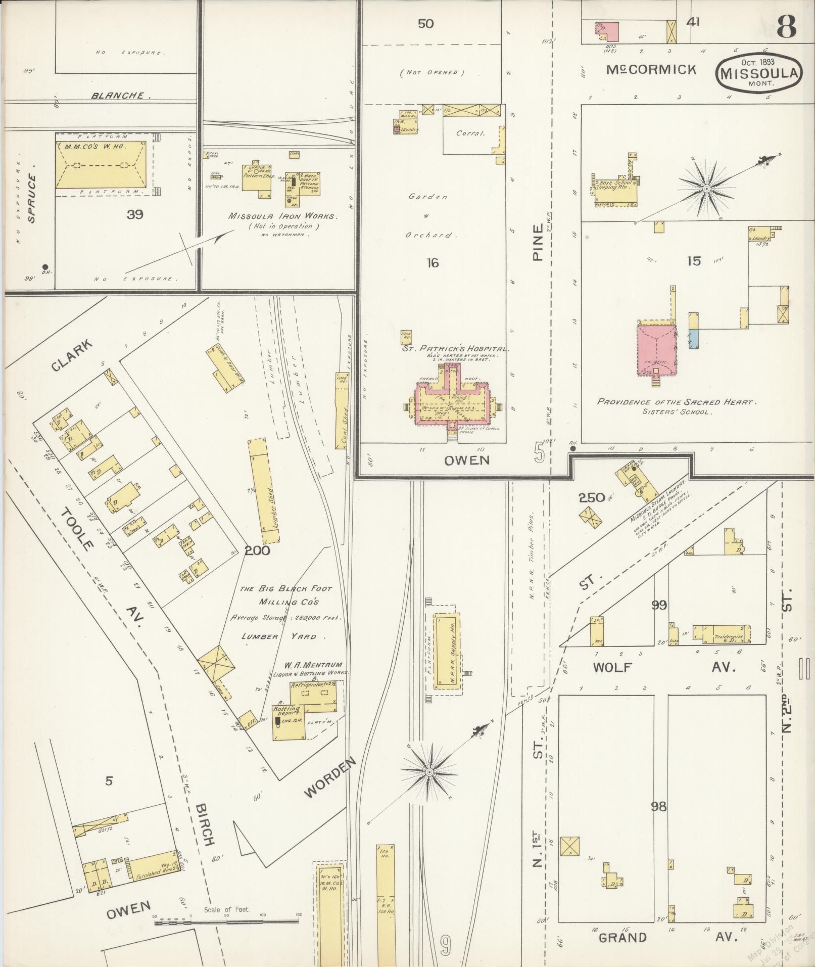 Sanborn Fire Insurance Map from Missoula, Missoula County, Montana (1893), Sheet #0008 - Historic Sanborn Fire Insurance Map Print, vintage old map wall art, antique decor, genealogy gift, Montana Montana map