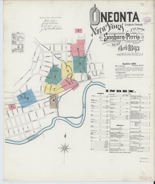 Sanborn Fire Insurance Map from Oneonta, Otsego County, New York (1893), Sheet #0001 - Historic Sanborn Fire Insurance Map Print, vintage old map wall art, antique decor, genealogy gift, New York New York map