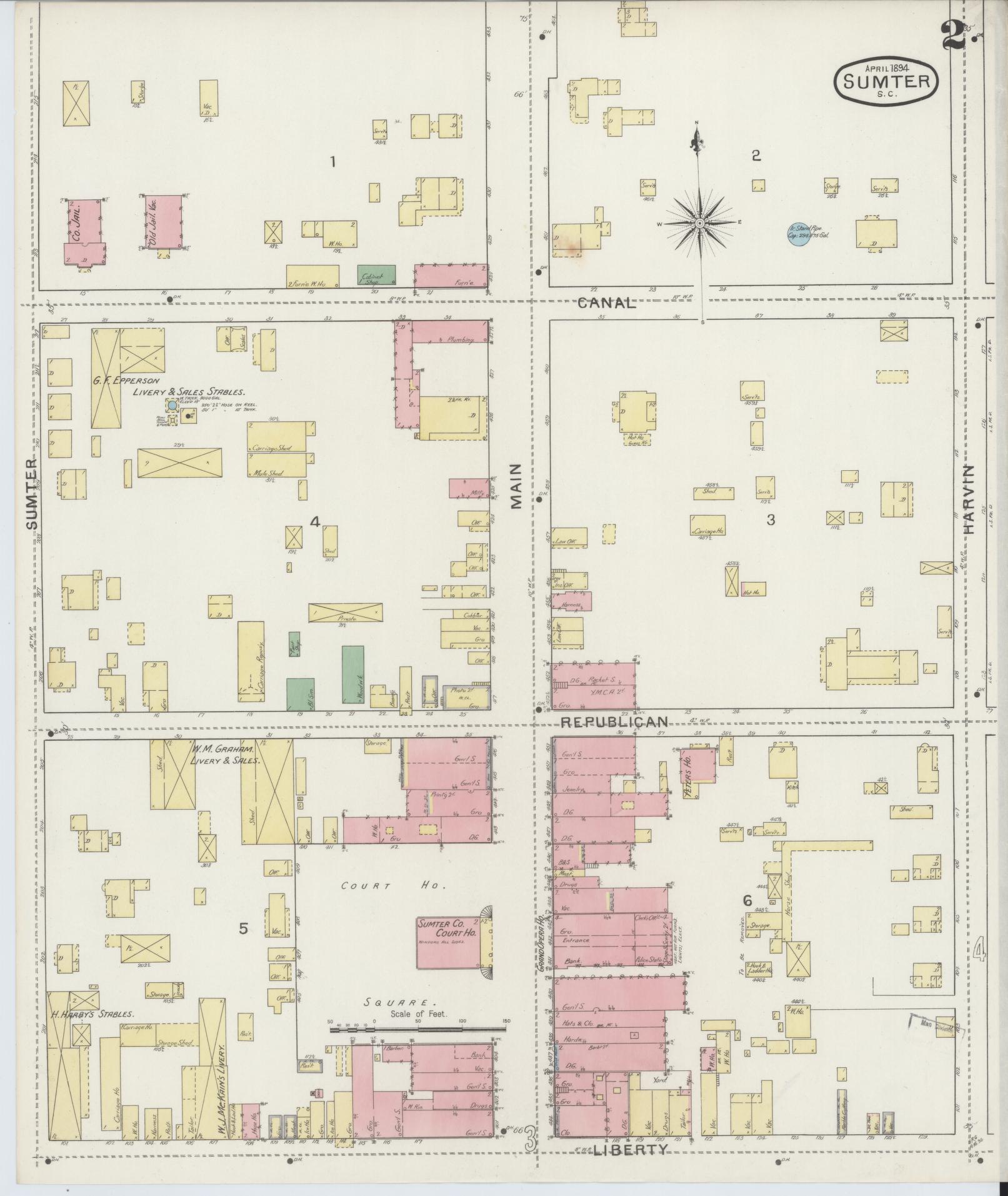Sanborn Fire Insurance Map from Sumter, Sumter County, South Carolina (1894), Sheet #0002 - Historic Sanborn Fire Insurance Map Print, vintage old map wall art, antique decor, genealogy gift, South Carolina South Carolina map