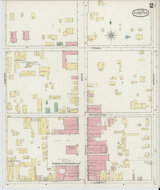 Sanborn Fire Insurance Map from Sumter, Sumter County, South Carolina (1894), Sheet #0002 - Historic Sanborn Fire Insurance Map Print, vintage old map wall art, antique decor, genealogy gift, South Carolina South Carolina map