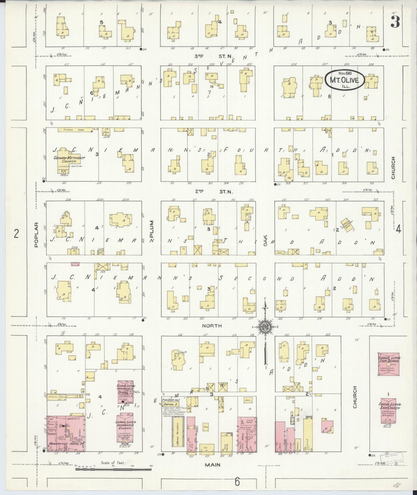 Sanborn Fire Insurance Map from Mount Olive, Macoupin County, Illinois (1910), Sheet #0003 - Complete Map Set gallery image, historic Sanborn map, vintage wall art, Illinois Illinois
