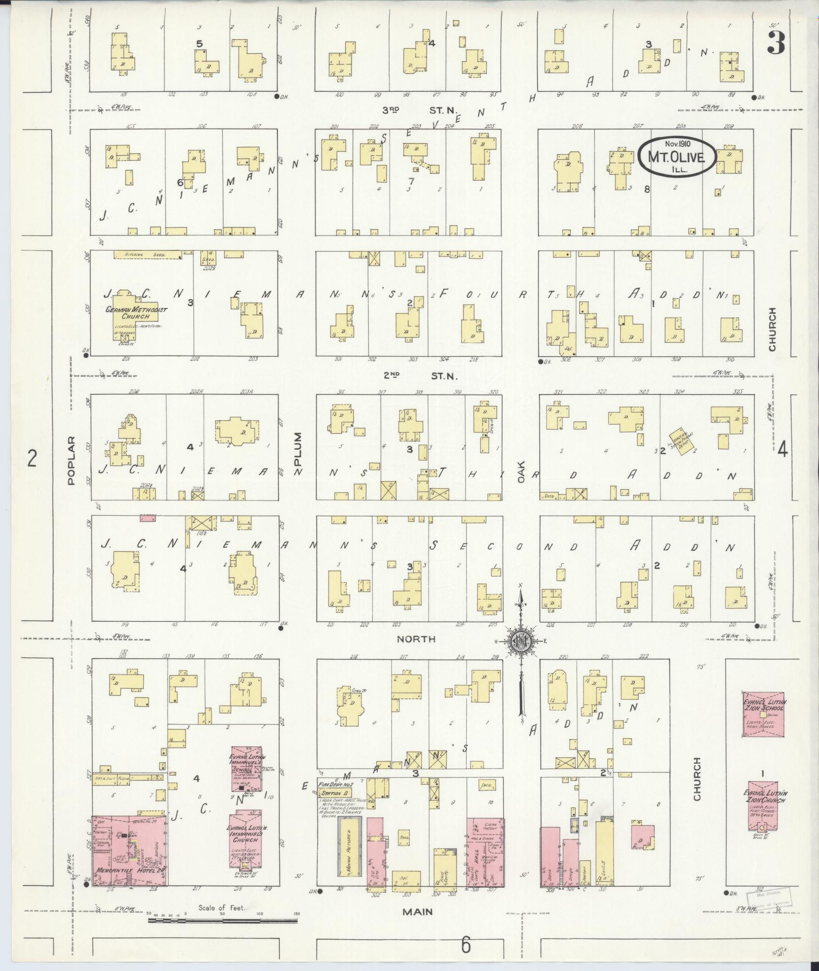 Sanborn Fire Insurance Map from Mount Olive, Macoupin County, Illinois (1910), Sheet #0003 - Complete Map Set gallery image, historic Sanborn map, vintage wall art, Illinois Illinois