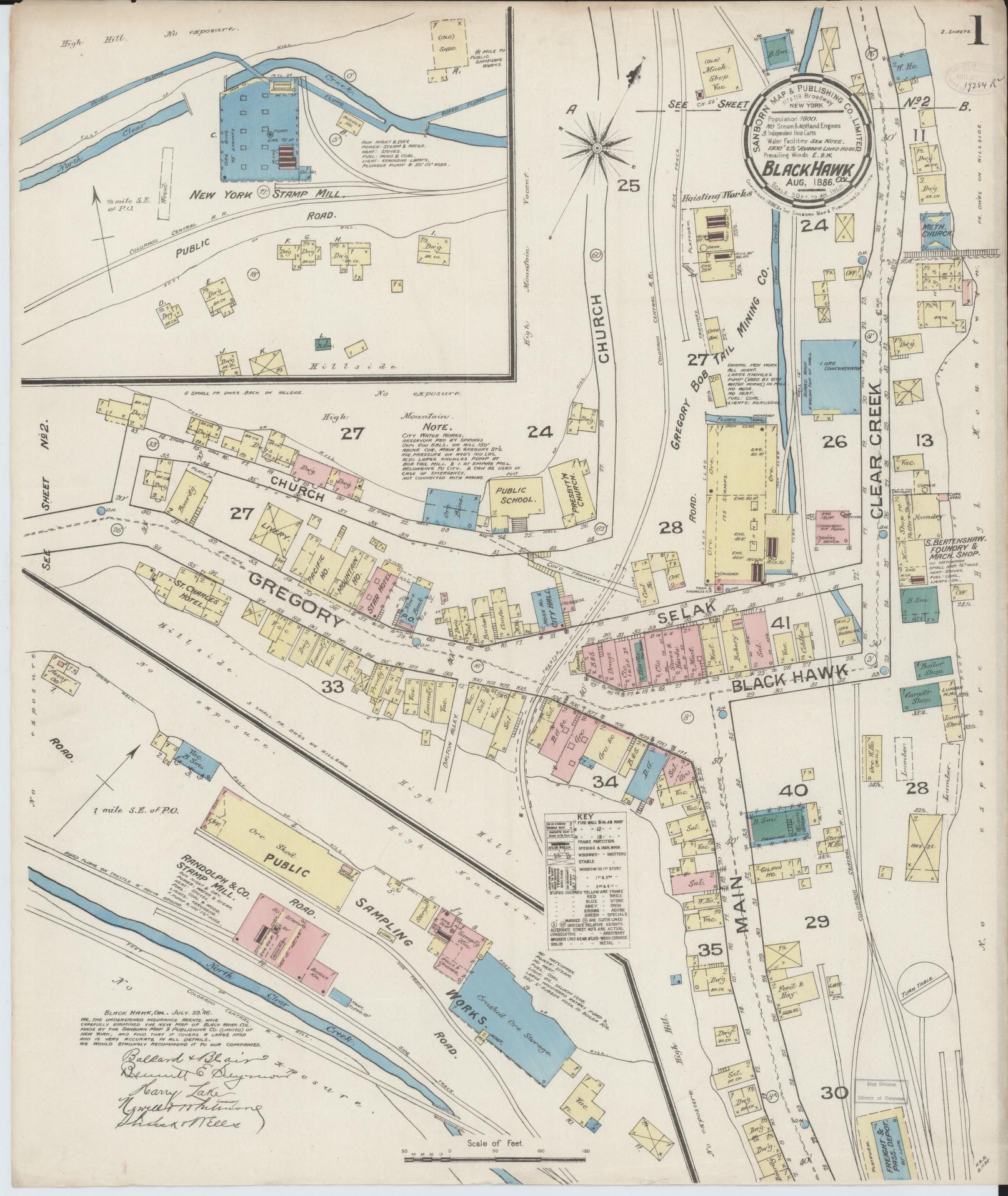 Sanborn Fire Insurance Map from Black Hawk, Gilpin County, Colorado (1886), Sheet #0001 - Complete Map Set gallery image, historic Sanborn map, vintage wall art, Colorado Colorado