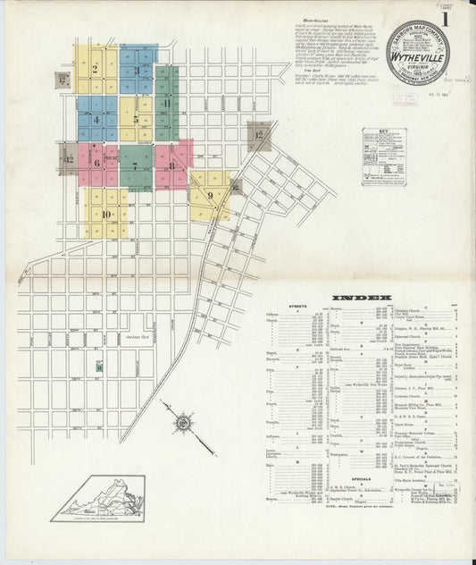 Sanborn Fire Insurance Map from Wytheville, Wythe County, Virginia (1913), Sheet #0001 - Complete Map Set gallery image, historic Sanborn map, vintage wall art, Virginia Virginia