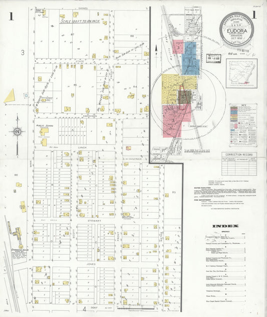 Sanborn Fire Insurance Map from Eudora, Chicot County, Arkansas (1932), Sheet #0001 - Historic Sanborn Fire Insurance Map Print, vintage old map wall art, antique decor, genealogy gift, Arkansas Arkansas map