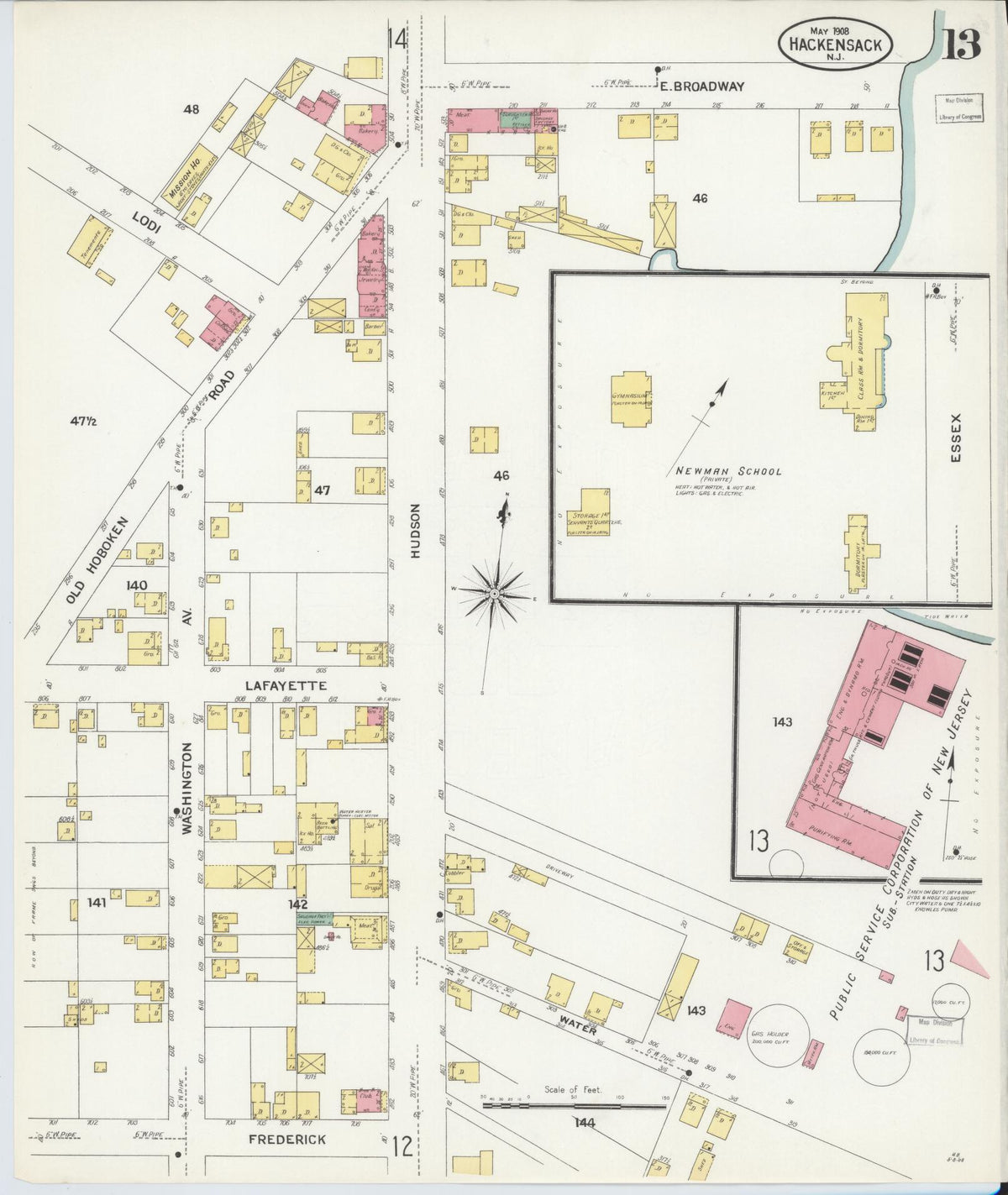Sanborn Fire Insurance Map from Hackensack, Bergen County, New Jersey (1908), Sheet #0013 - Complete Map Set gallery image, historic Sanborn map, vintage wall art, New Jersey New Jersey